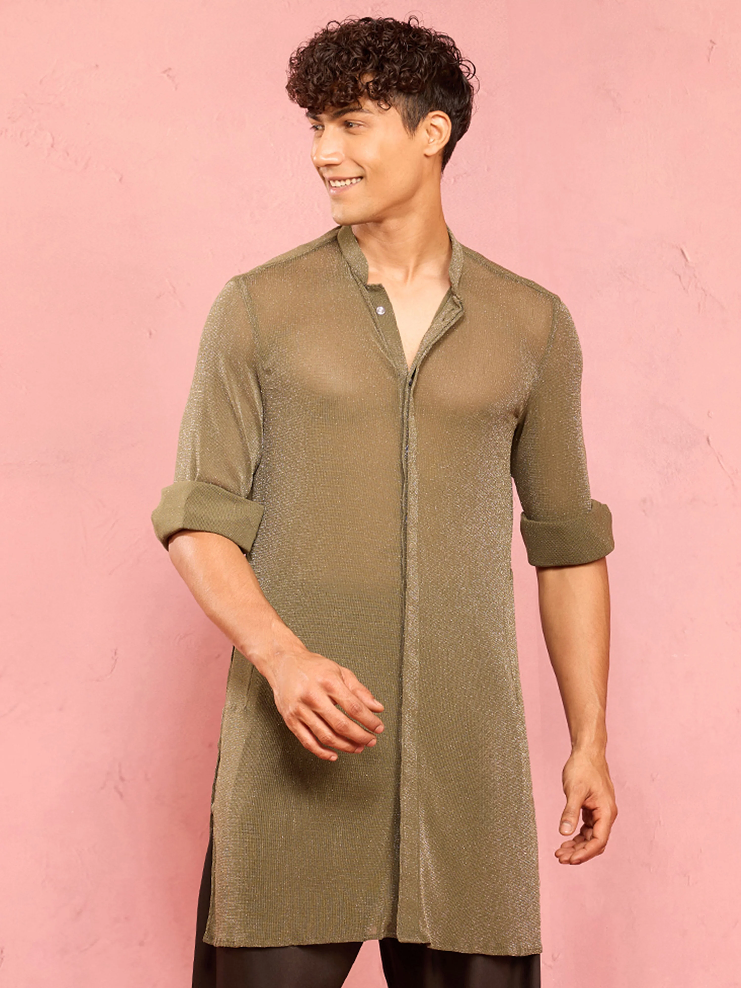 Men's Mehendi Green Solid Lycra Long Kurta - Image 4