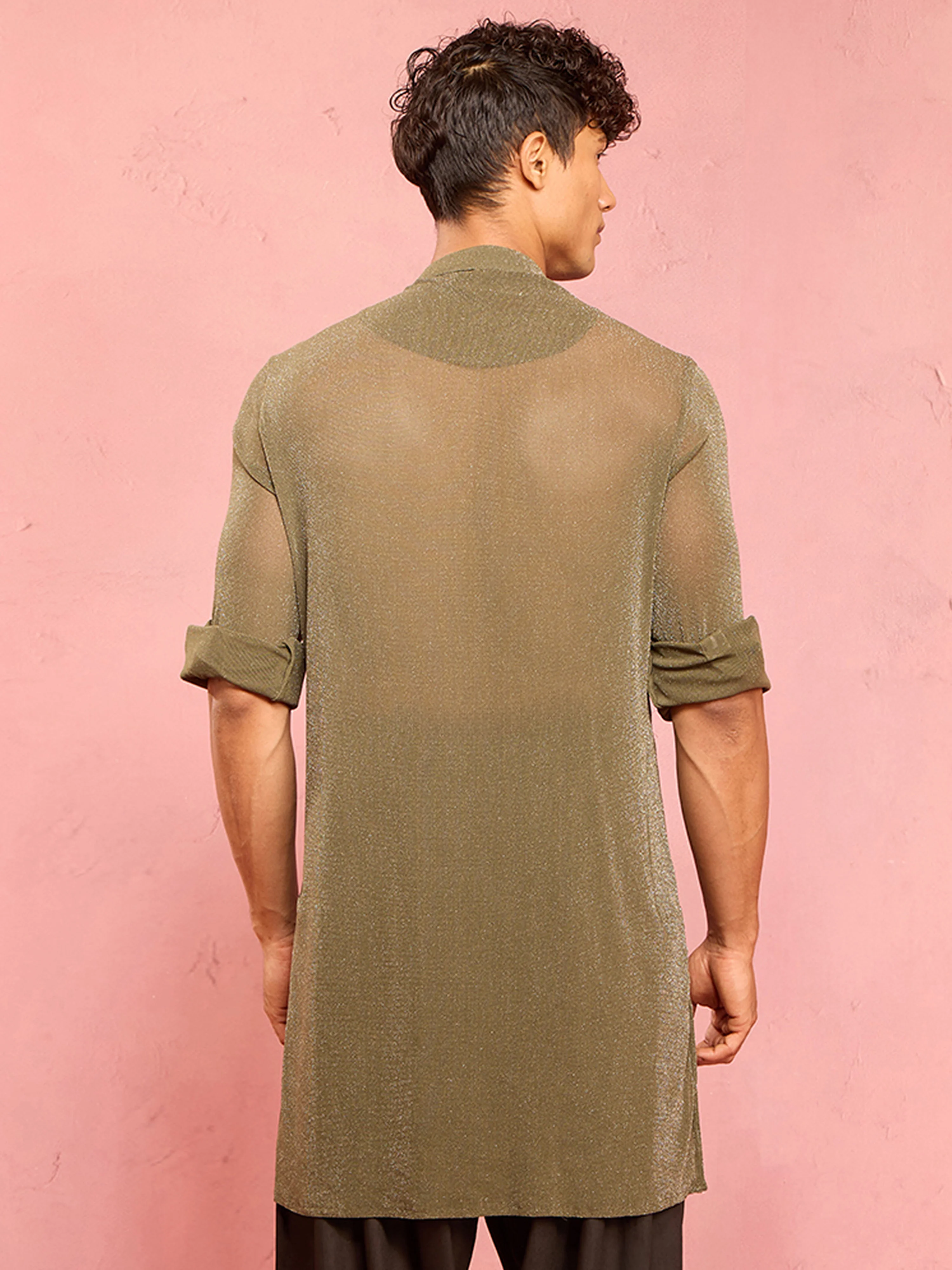 Men's Mehendi Green Solid Lycra Long Kurta - Image 5