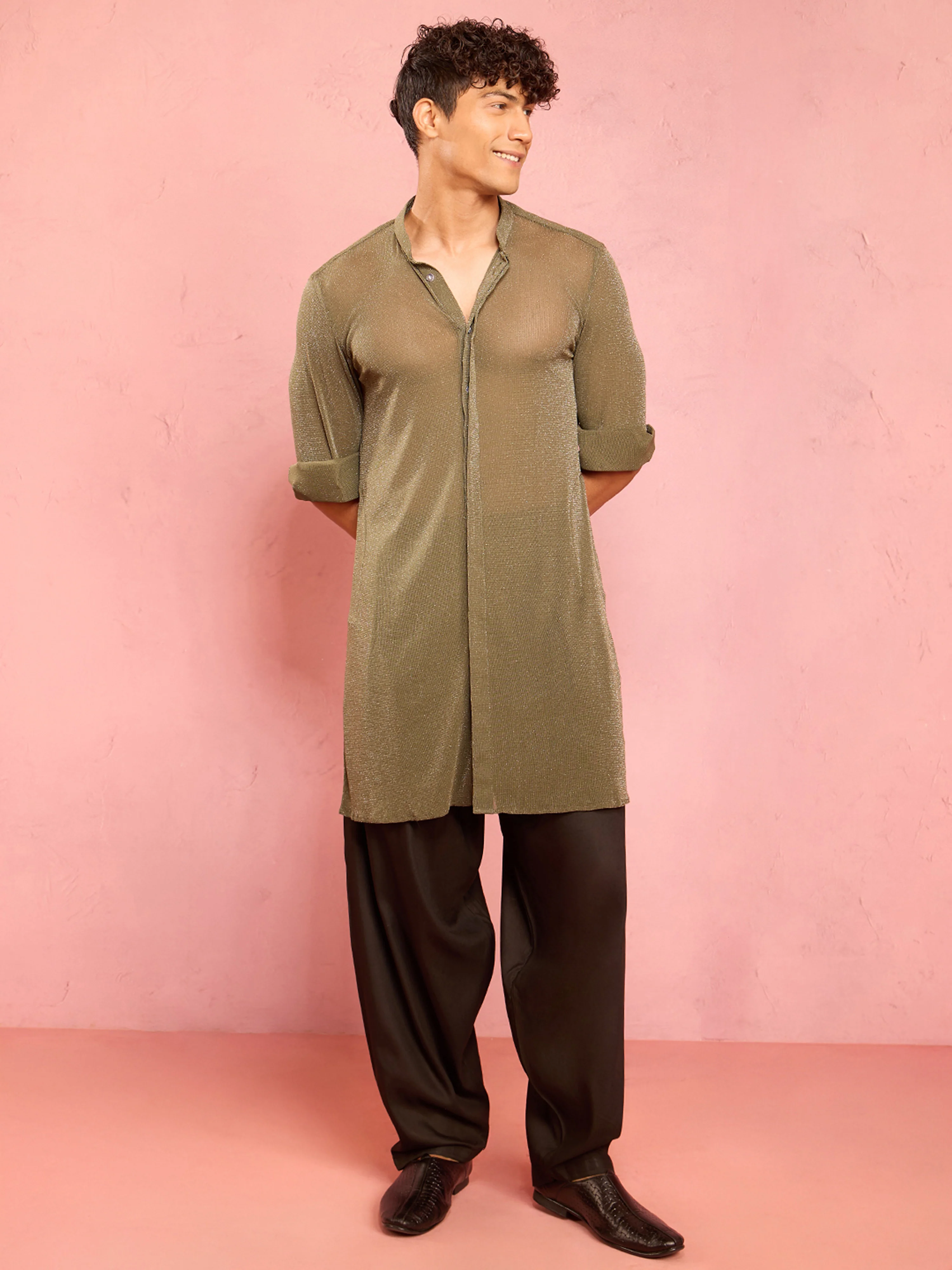 Men's Mehendi Green Solid Lycra Long Kurta - Image 6