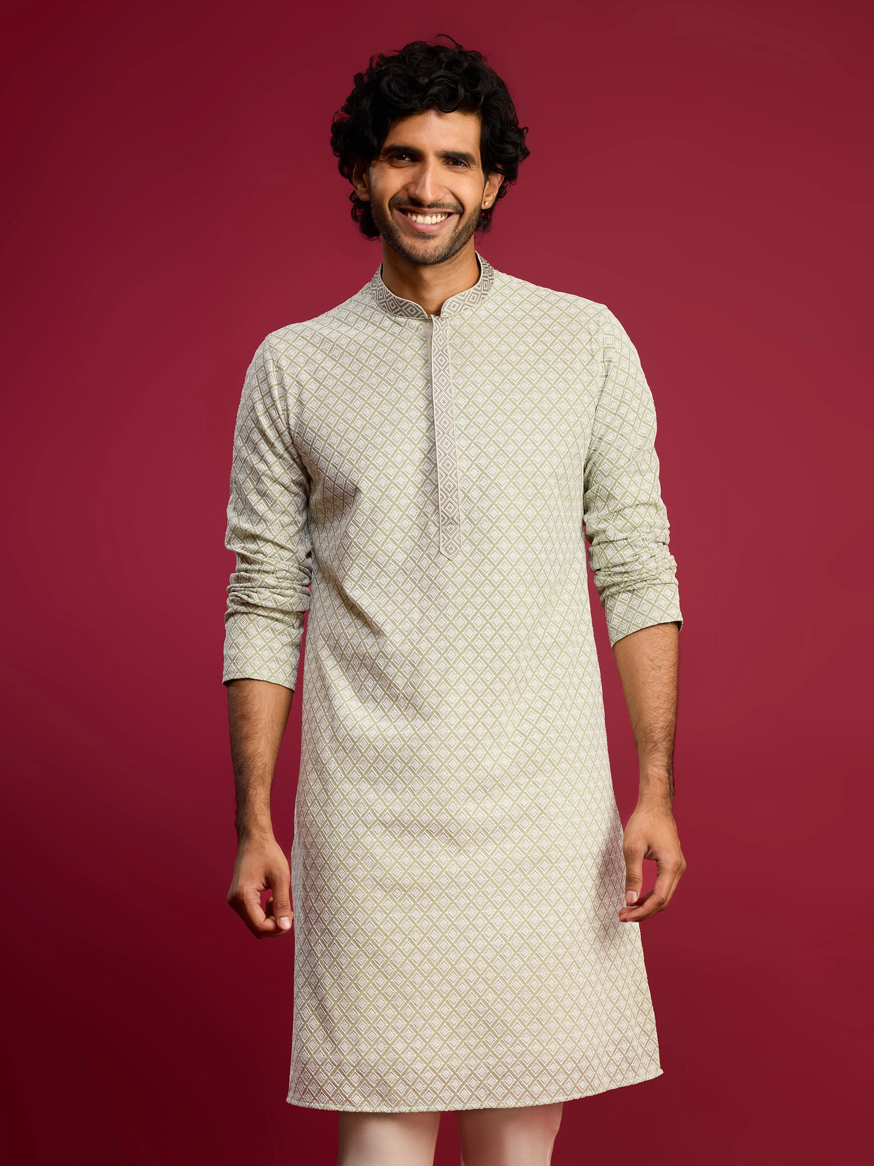 Men's Mint Green Thread Embroidered Faux Georgette Long Kurta - Image 3