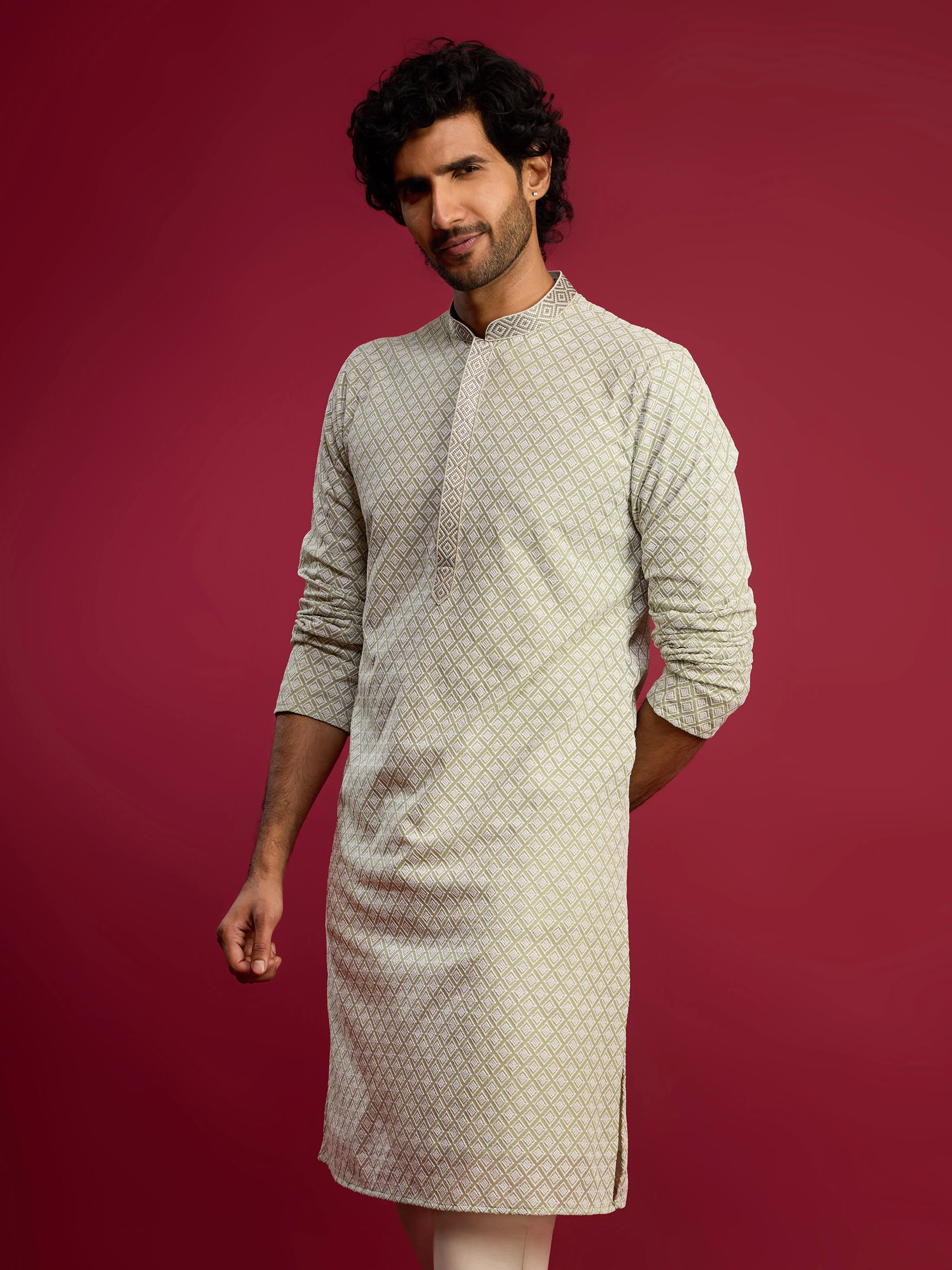 Men's Mint Green Thread Embroidered Faux Georgette Long Kurta - Image 4