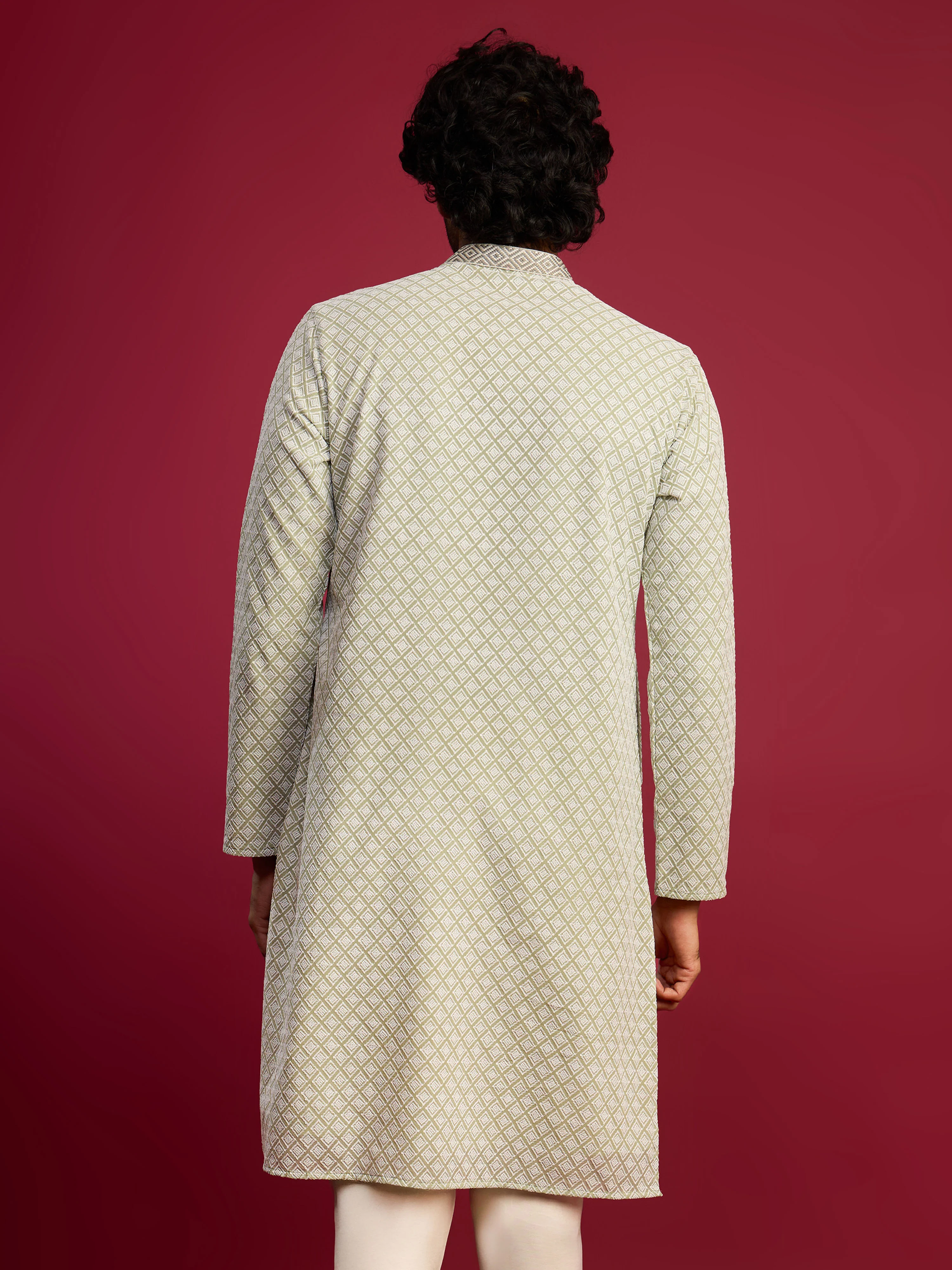 Men's Mint Green Thread Embroidered Faux Georgette Long Kurta - Image 5