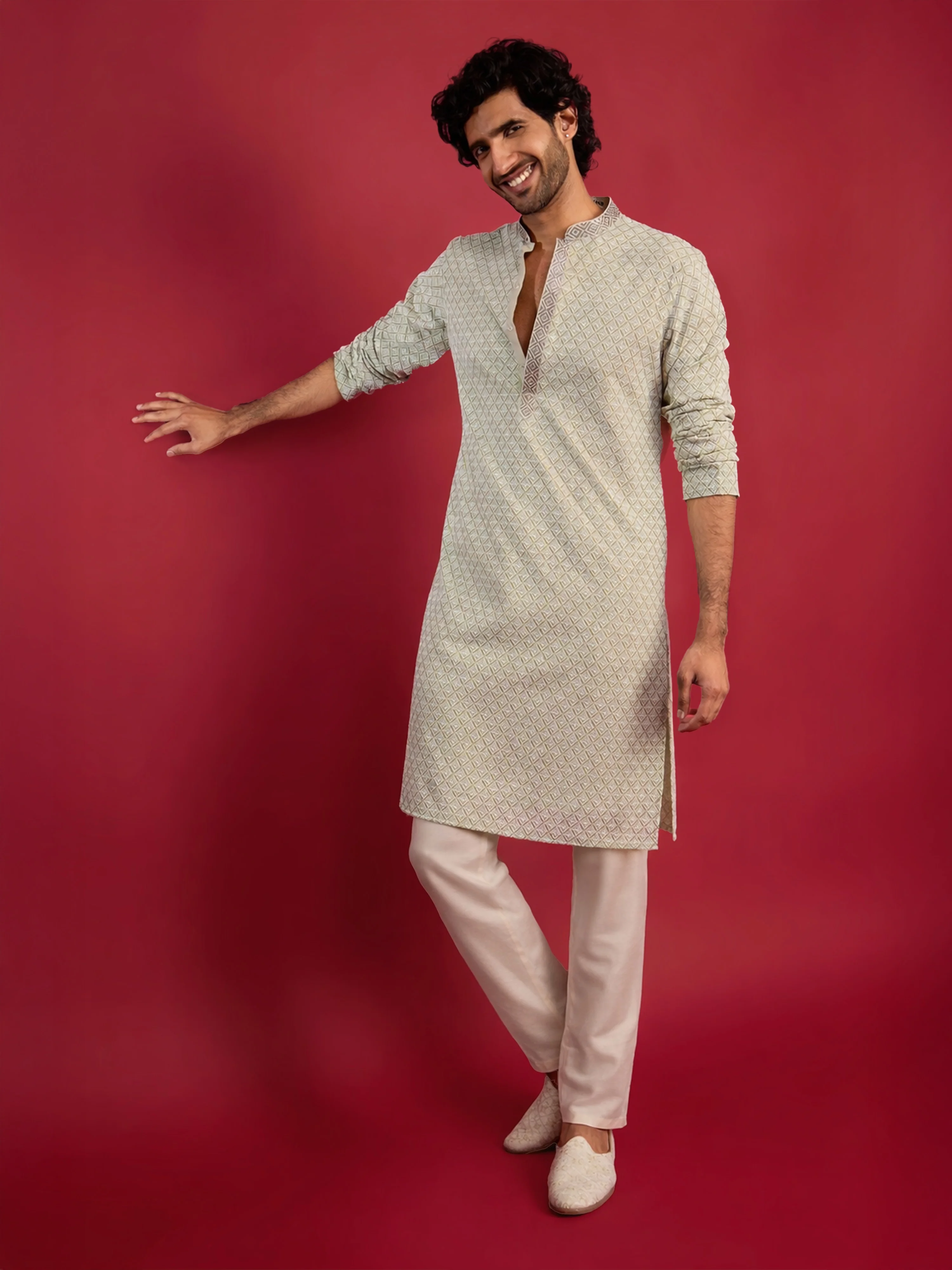 Men's Mint Green Thread Embroidered Faux Georgette Long Kurta - Image 6