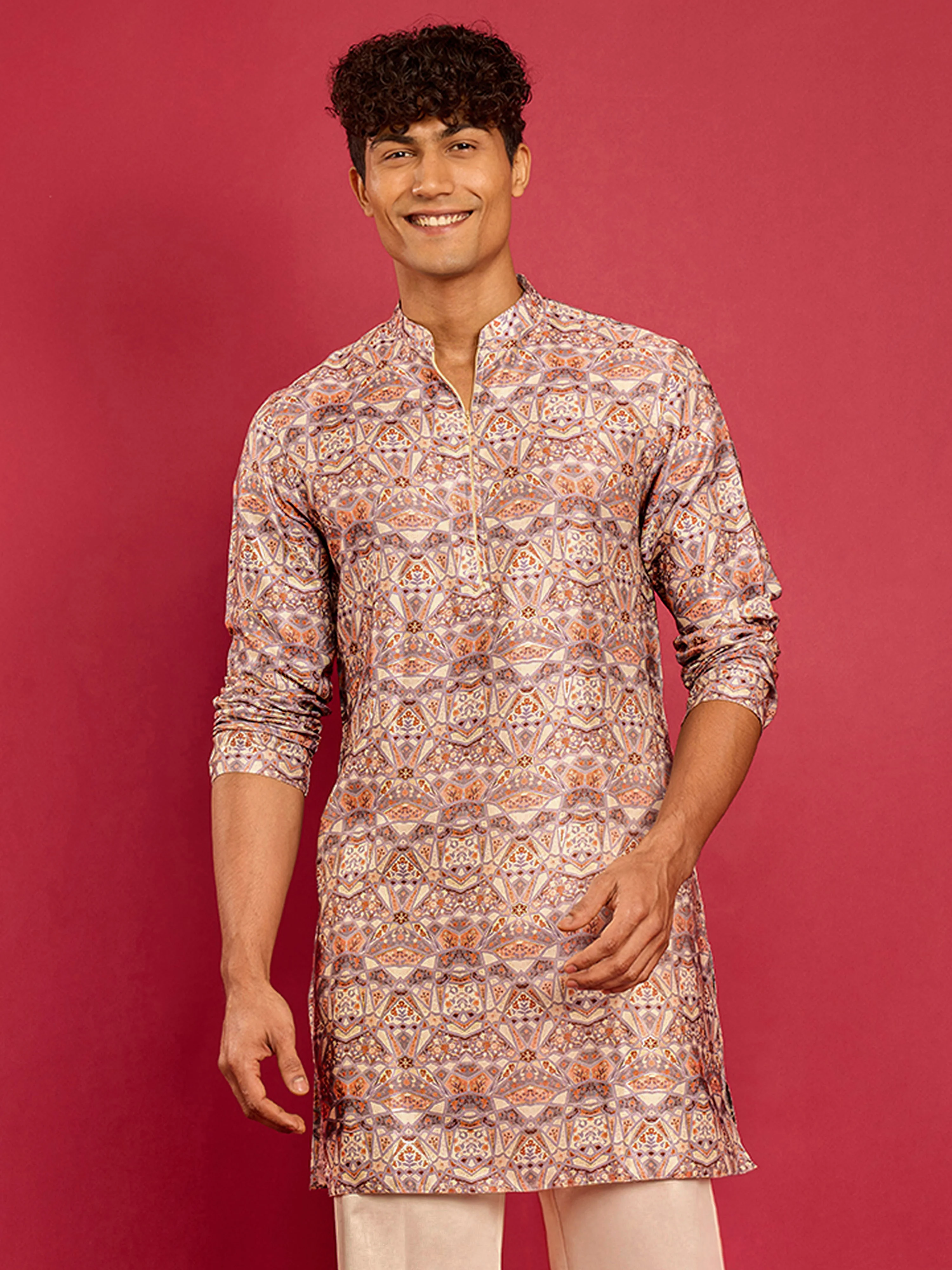 Men's Multi Colour Silk Blend Digital & Foil Print Long Kurta - Image 3