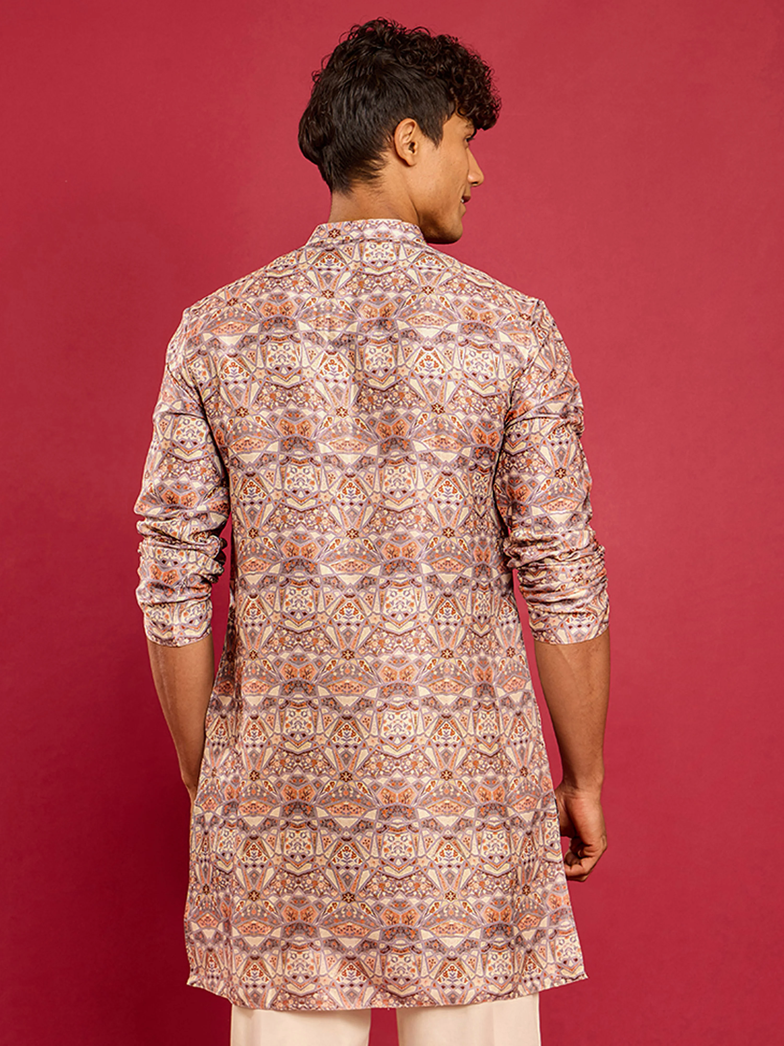 Men's Multi Colour Silk Blend Digital & Foil Print Long Kurta - Image 5