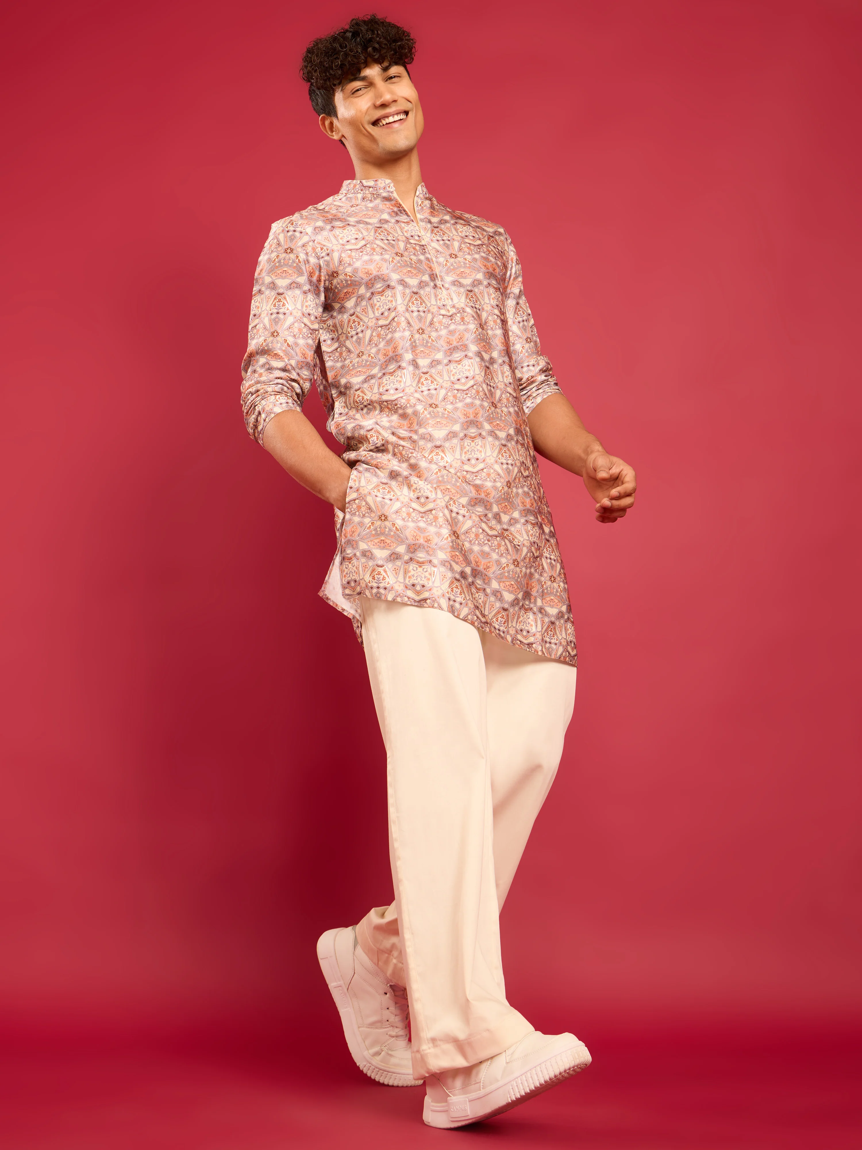 Men's Multi Colour Silk Blend Digital & Foil Print Long Kurta - Image 6