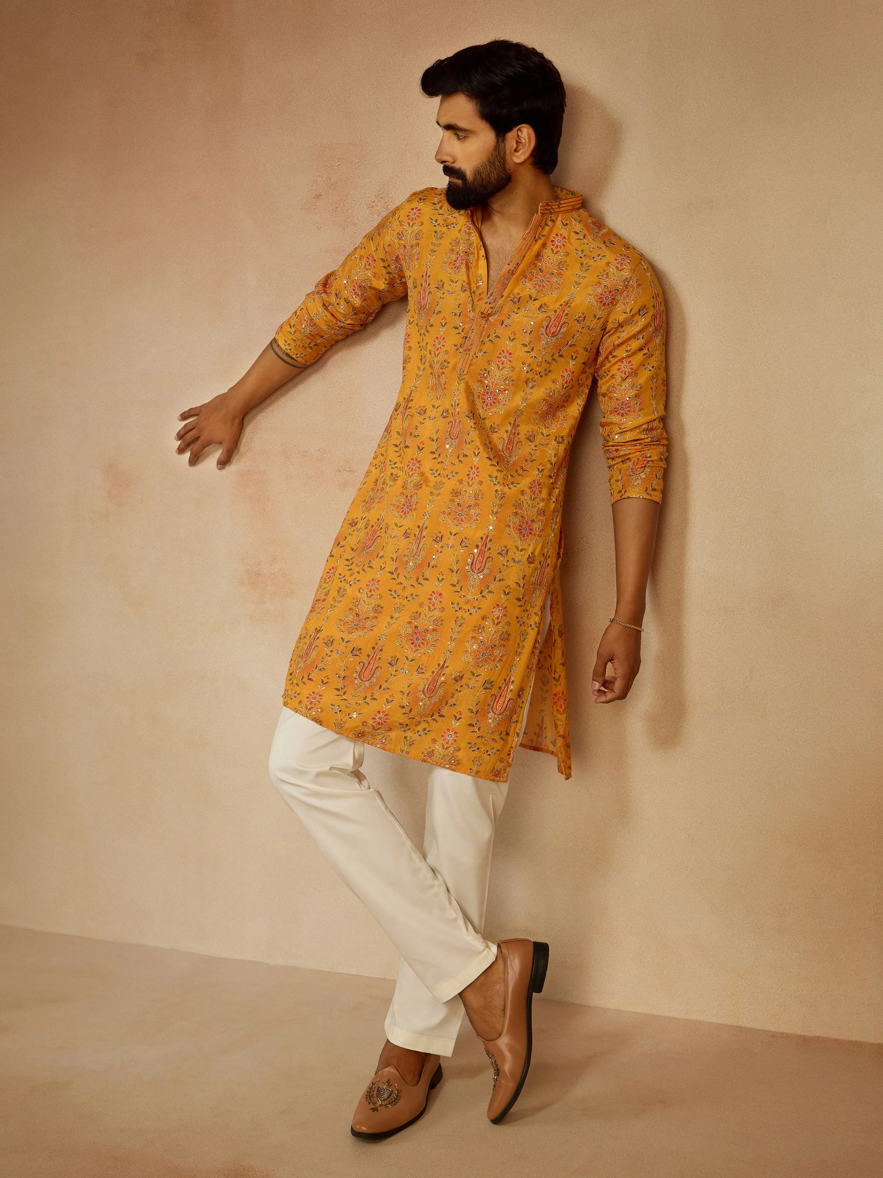 Men's Mustard Zari Embroidery Digital Print Silk Blend Long Kurta - Image 7