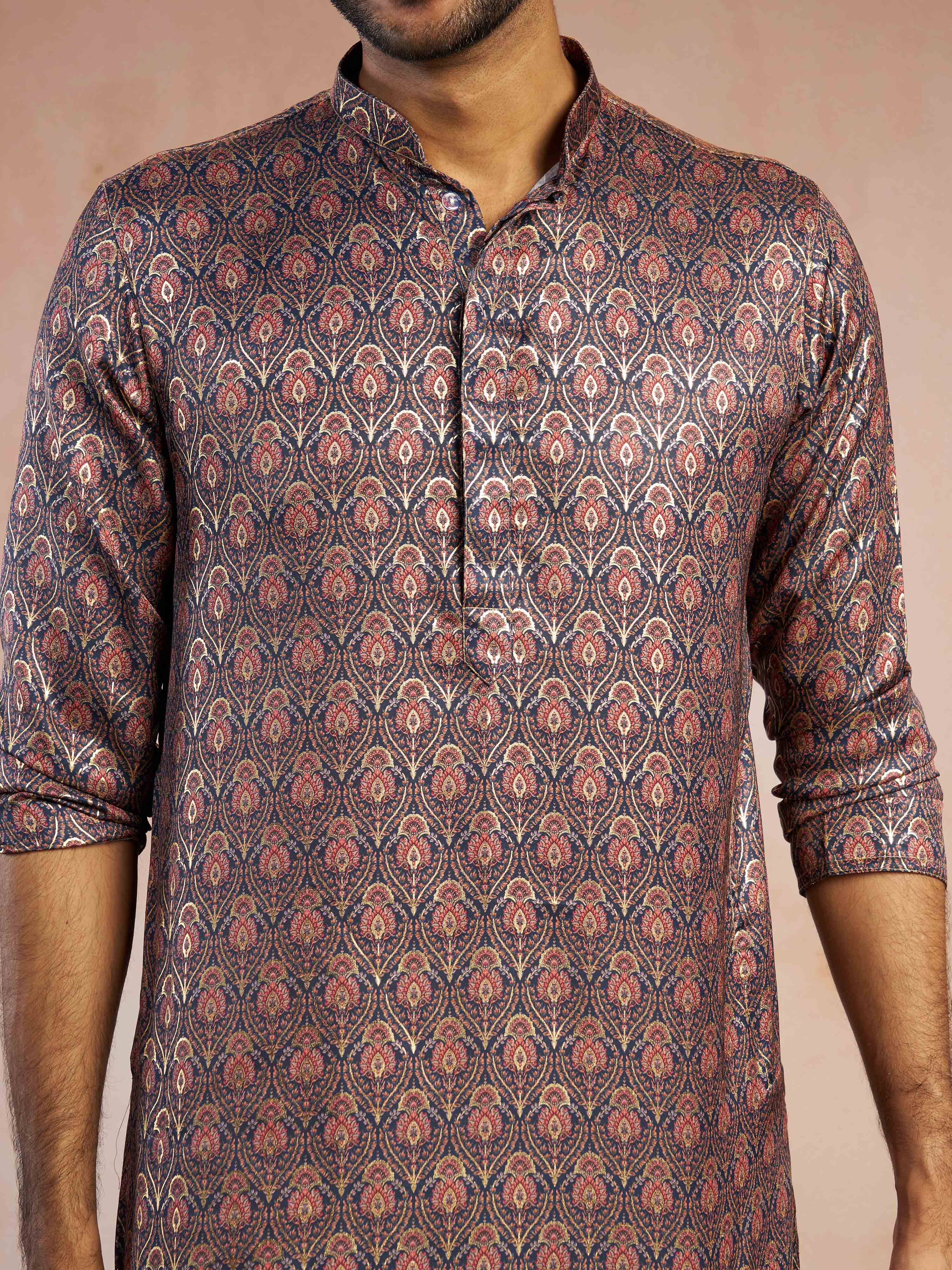Men's Navy Blue Foil Print Ethnic Motif Silk Blend Straight Kurta - Image 2