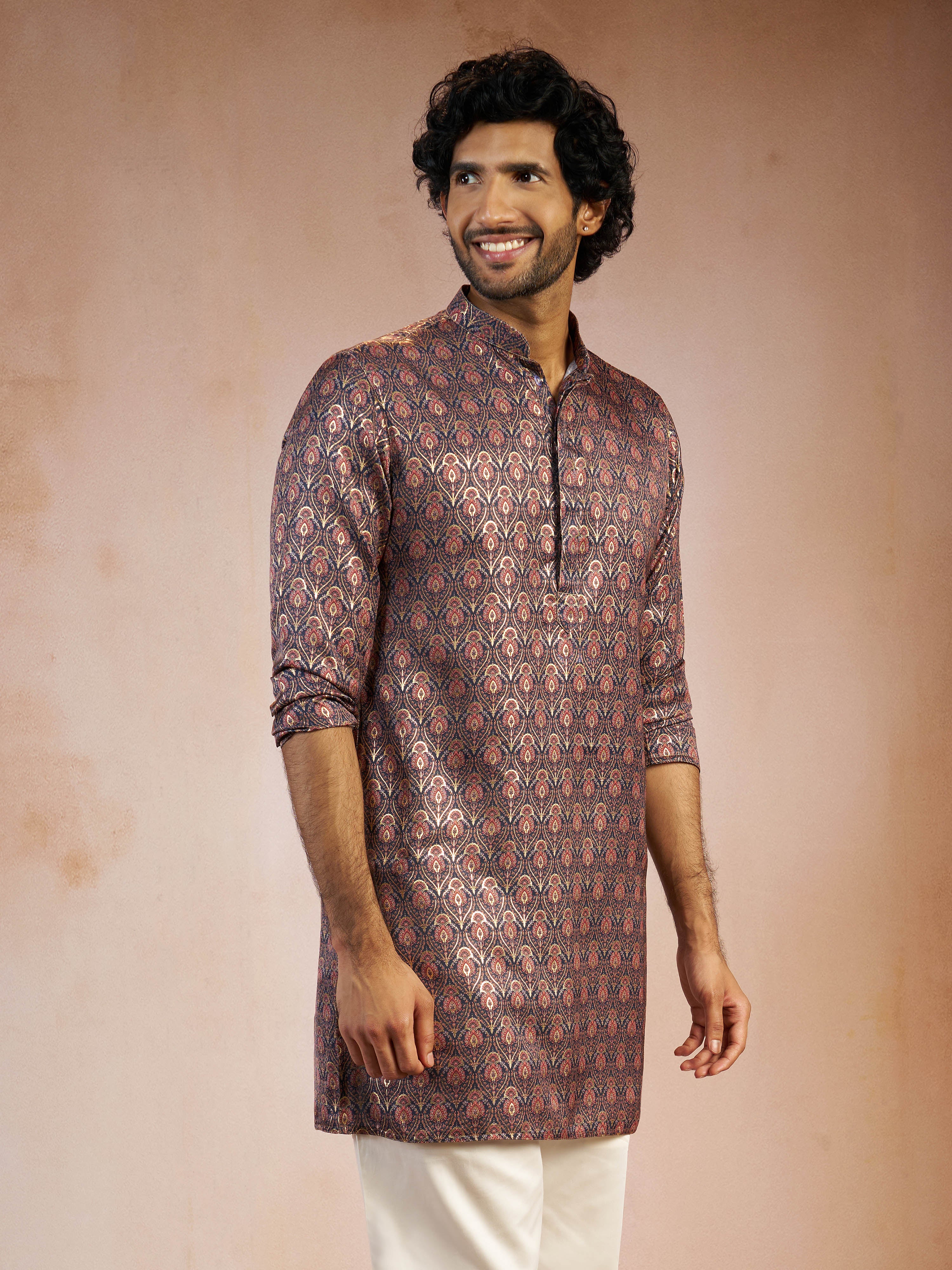 Men's Navy Blue Foil Print Ethnic Motif Silk Blend Straight Kurta - Image 3
