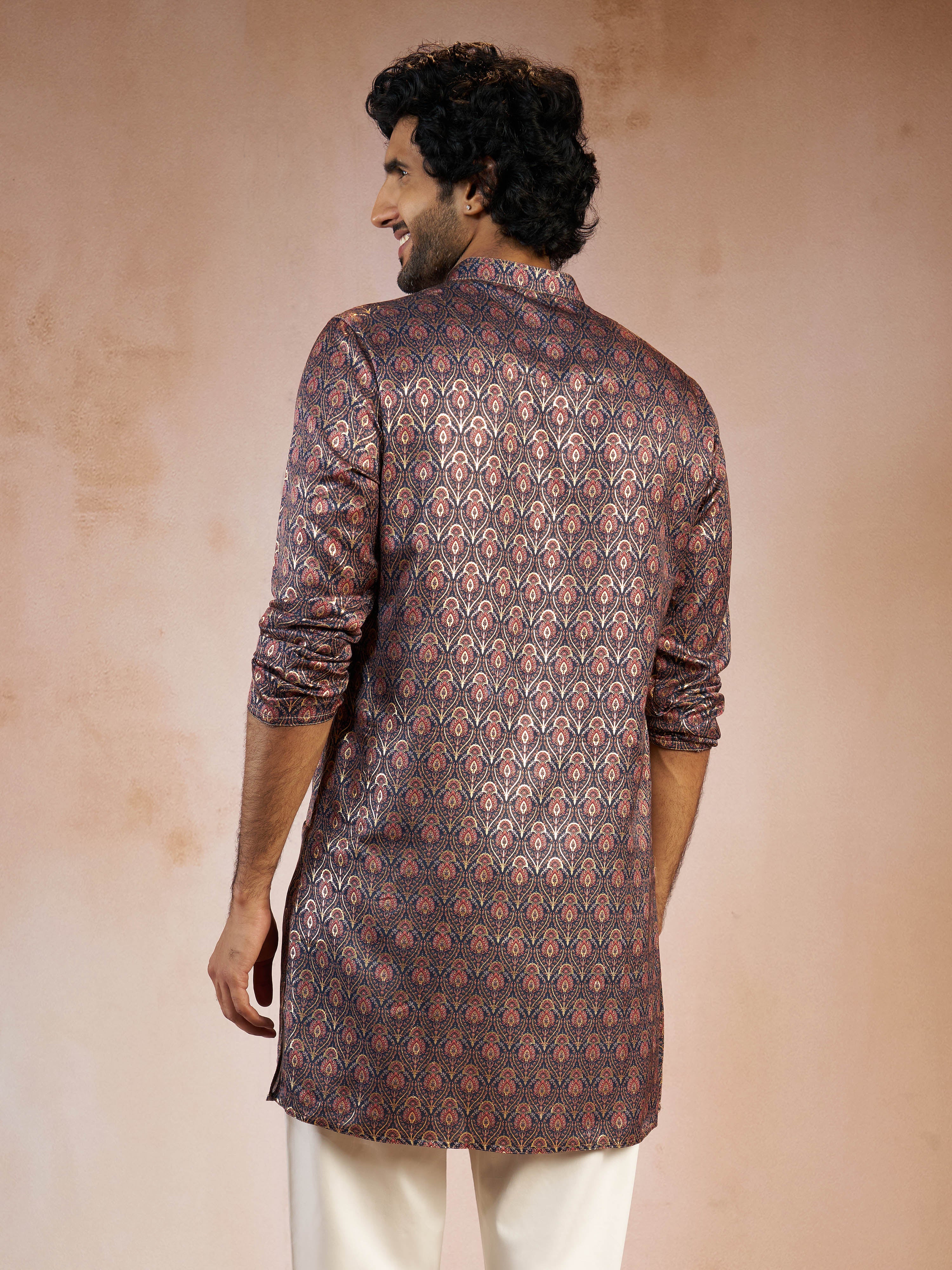 Men's Navy Blue Foil Print Ethnic Motif Silk Blend Straight Kurta - Image 4