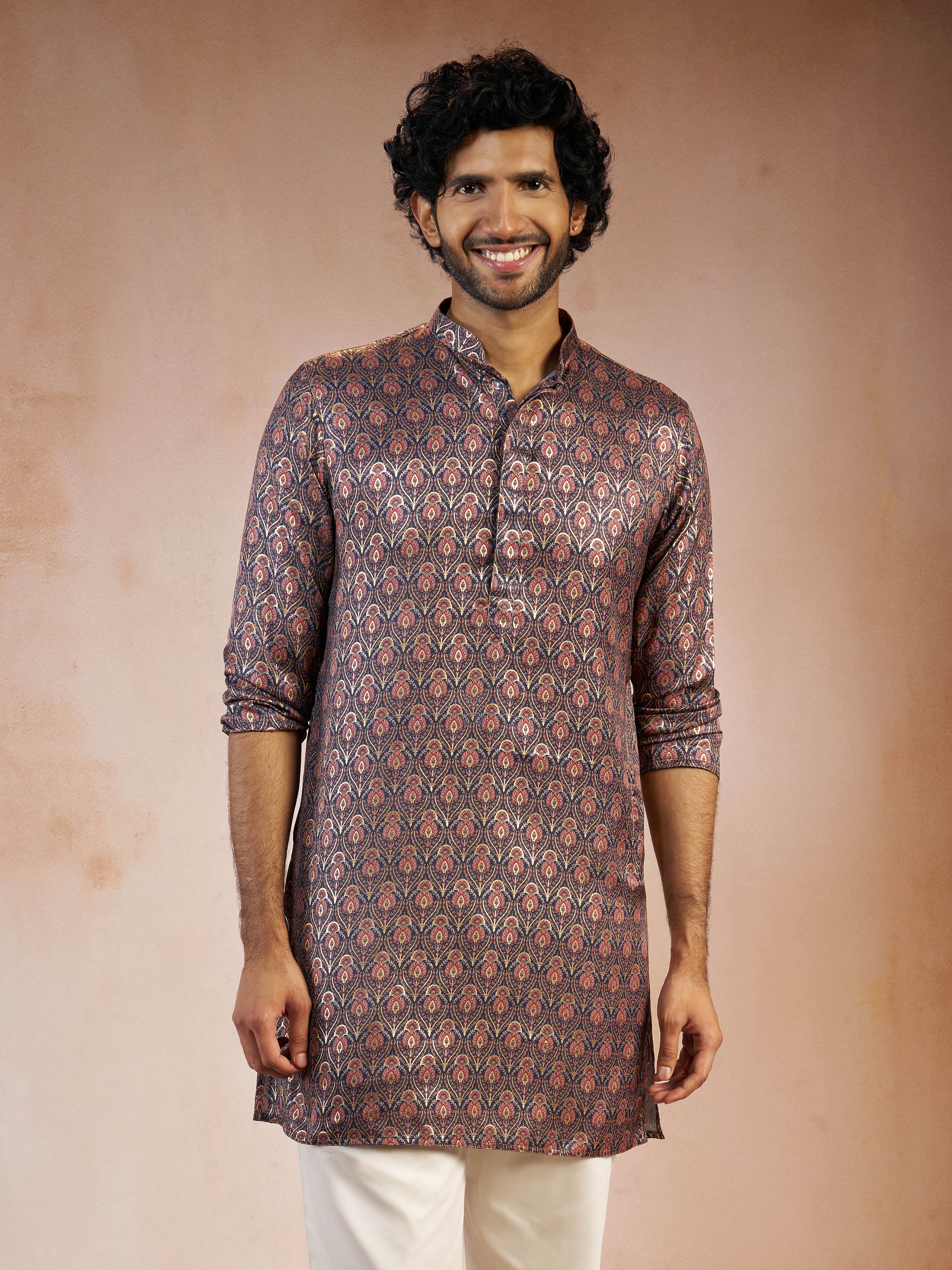 Men's Navy Blue Foil Print Ethnic Motif Silk Blend Straight Kurta - Image 5