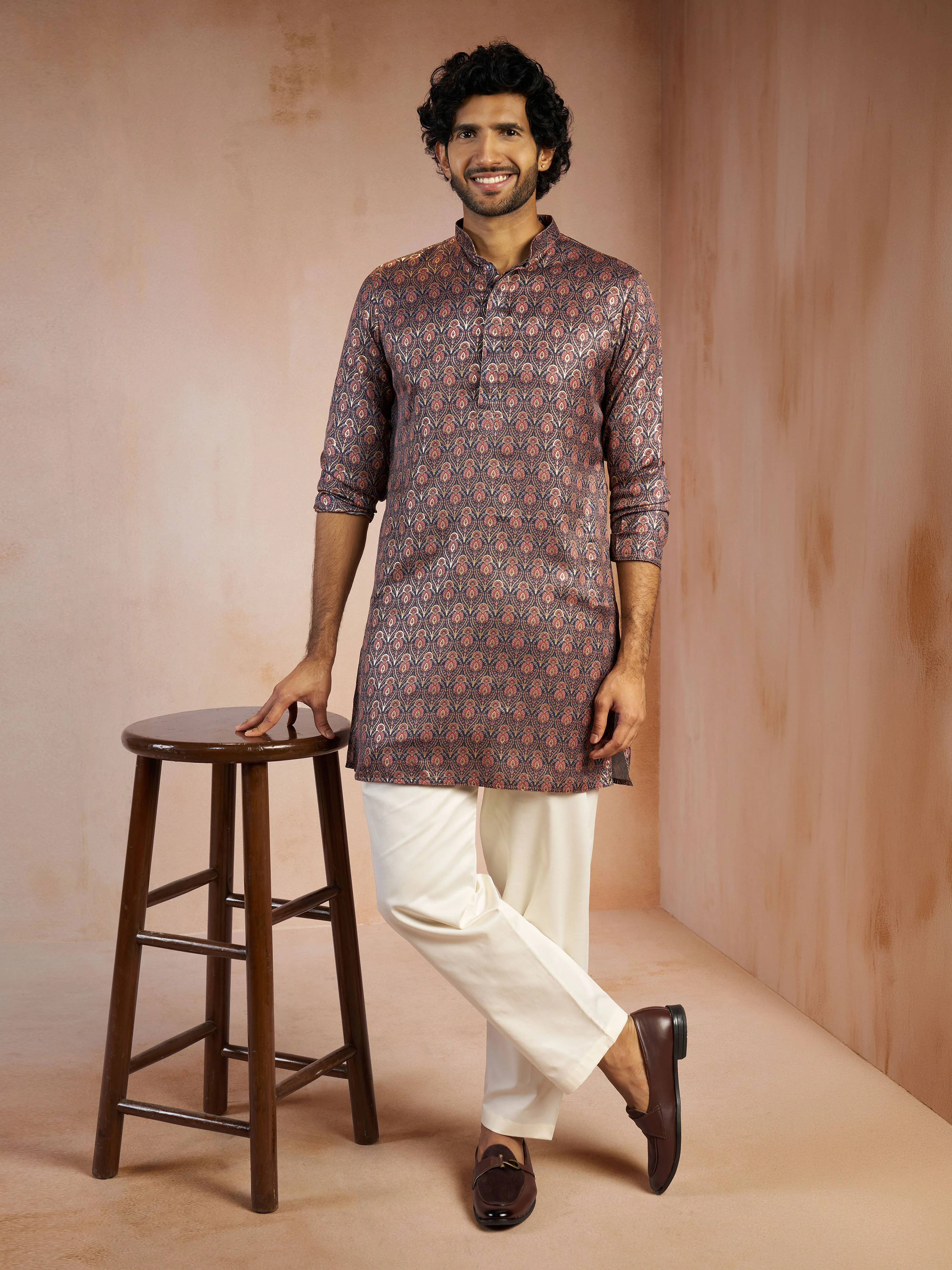 Men's Navy Blue Foil Print Ethnic Motif Silk Blend Straight Kurta - Image 6