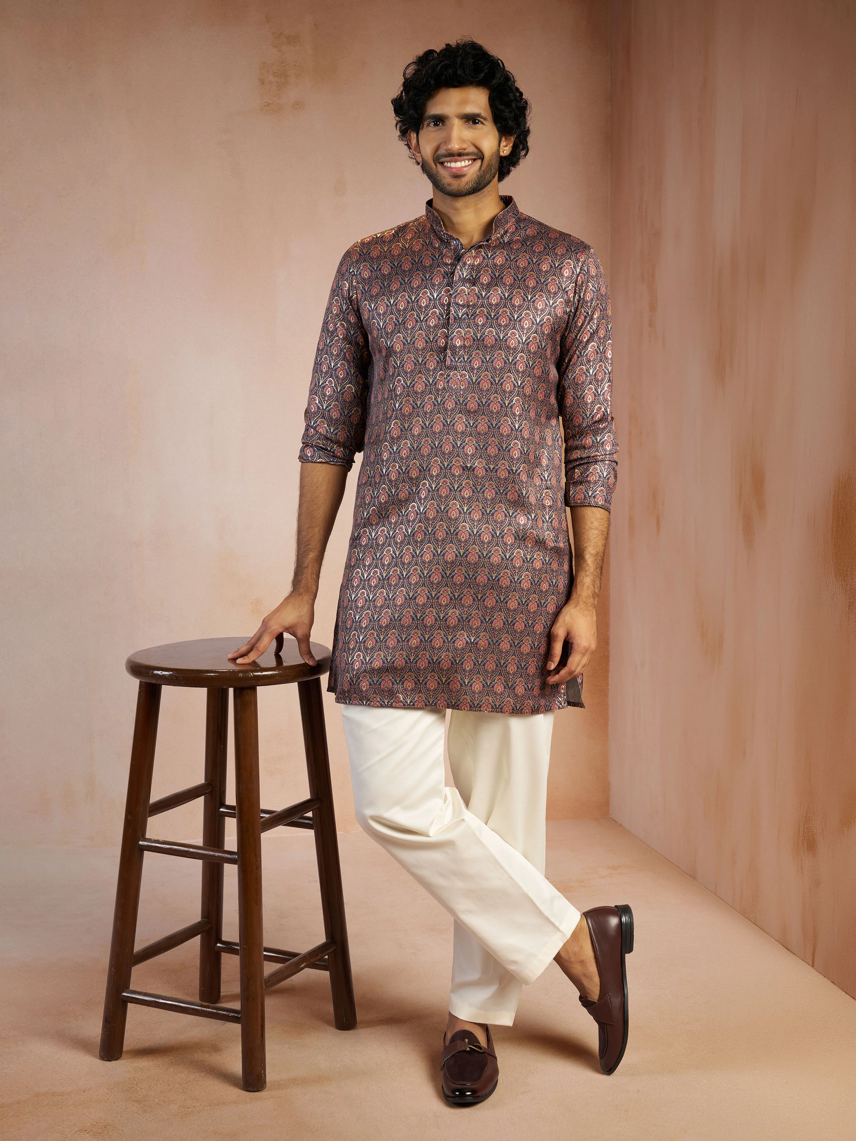 Men's Navy Blue Foil Print Silk Blend Straight Kurta with Cream Fine Satin Pyjama Set - Image 3