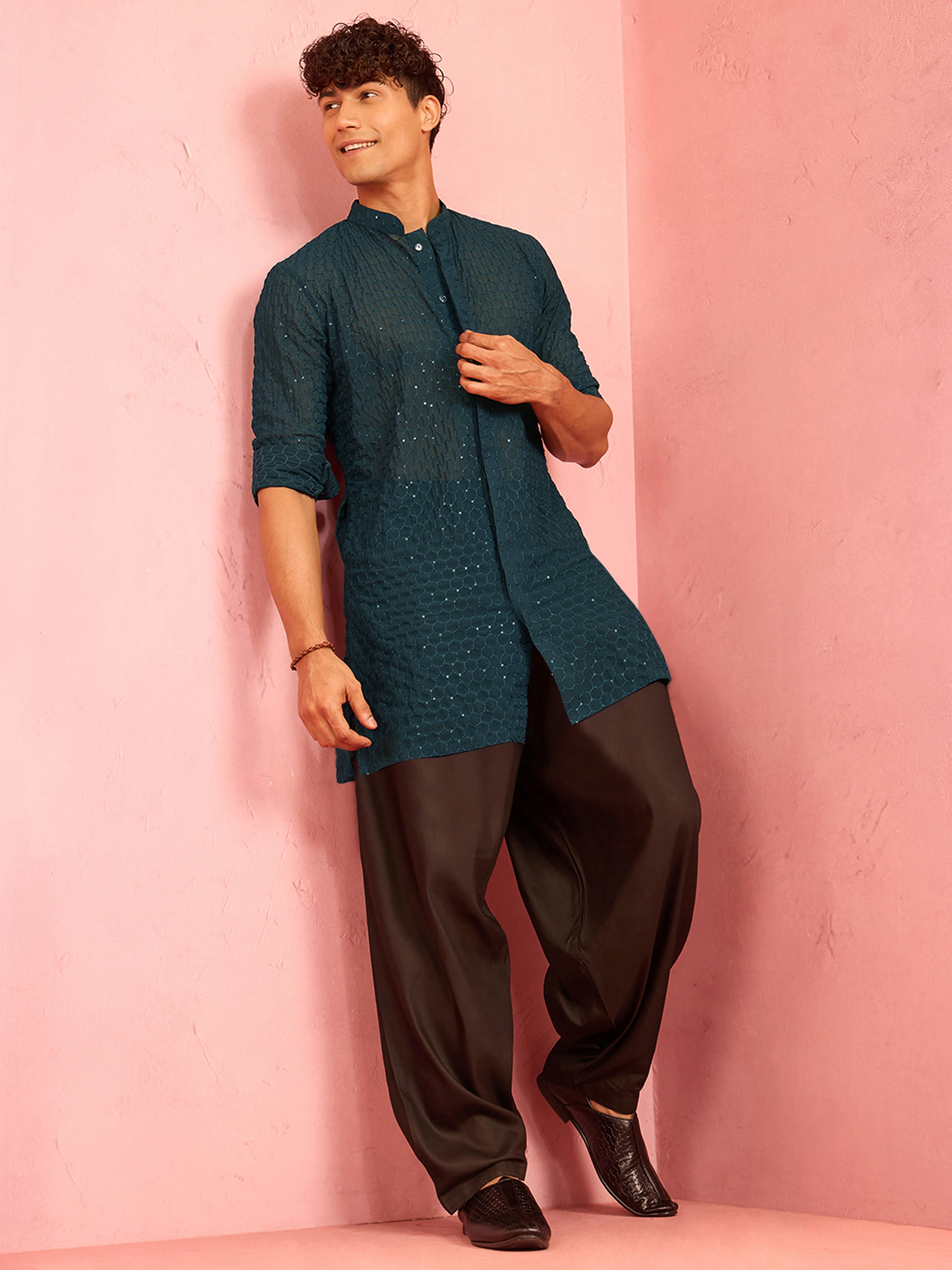 Men's Navy Blue Georgette Sequin & Thread Embroidered Mid-Length Kurta - Image 5