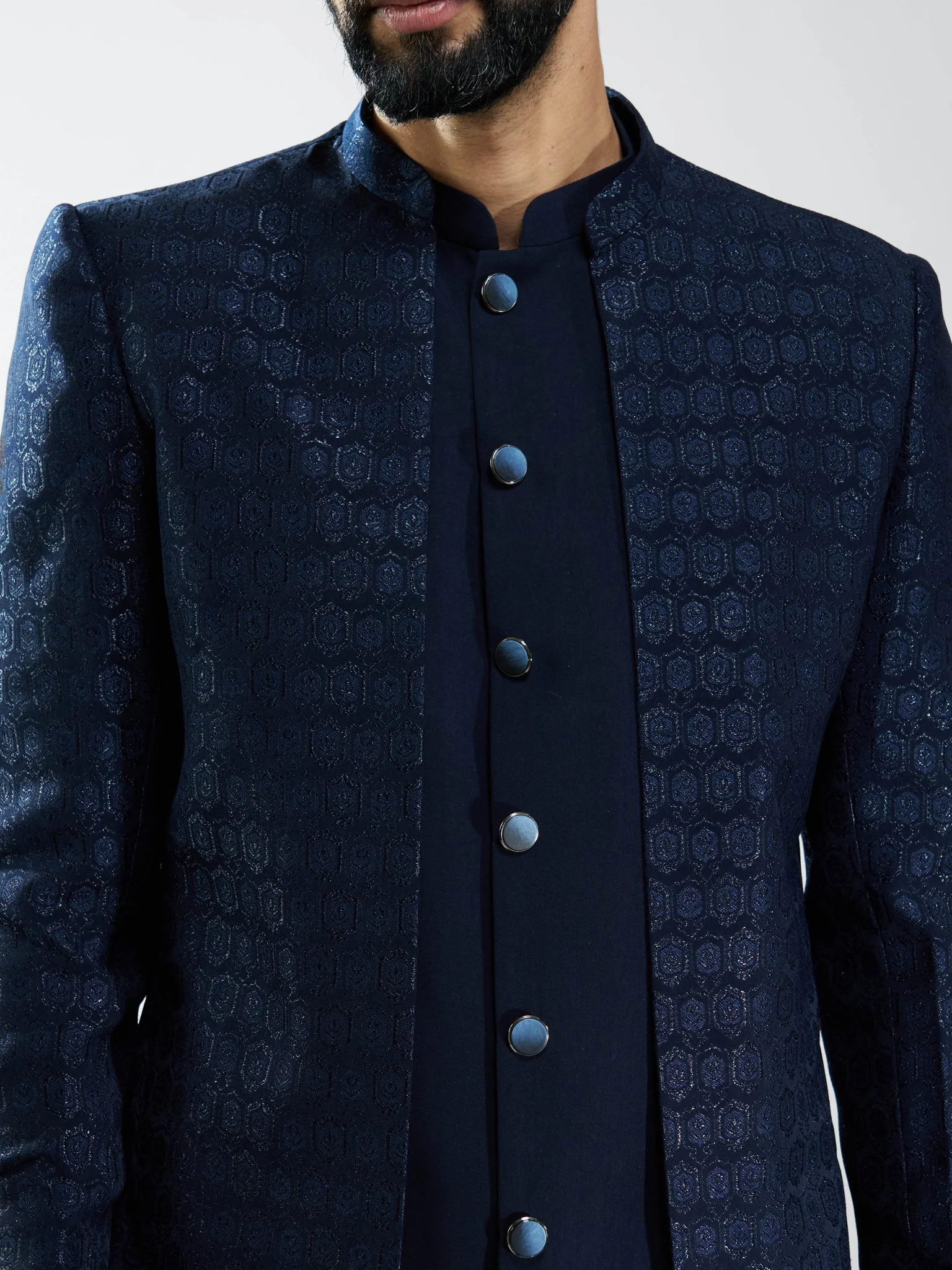 Men Navy Blue Indo-Western Suiting Set with Jacket & Pants - Image 2
