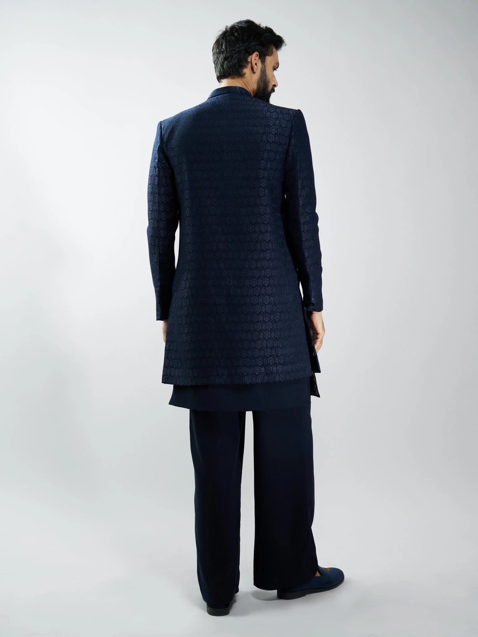 Men Navy Blue Indo-Western Suiting Set with Jacket & Pants - Image 5