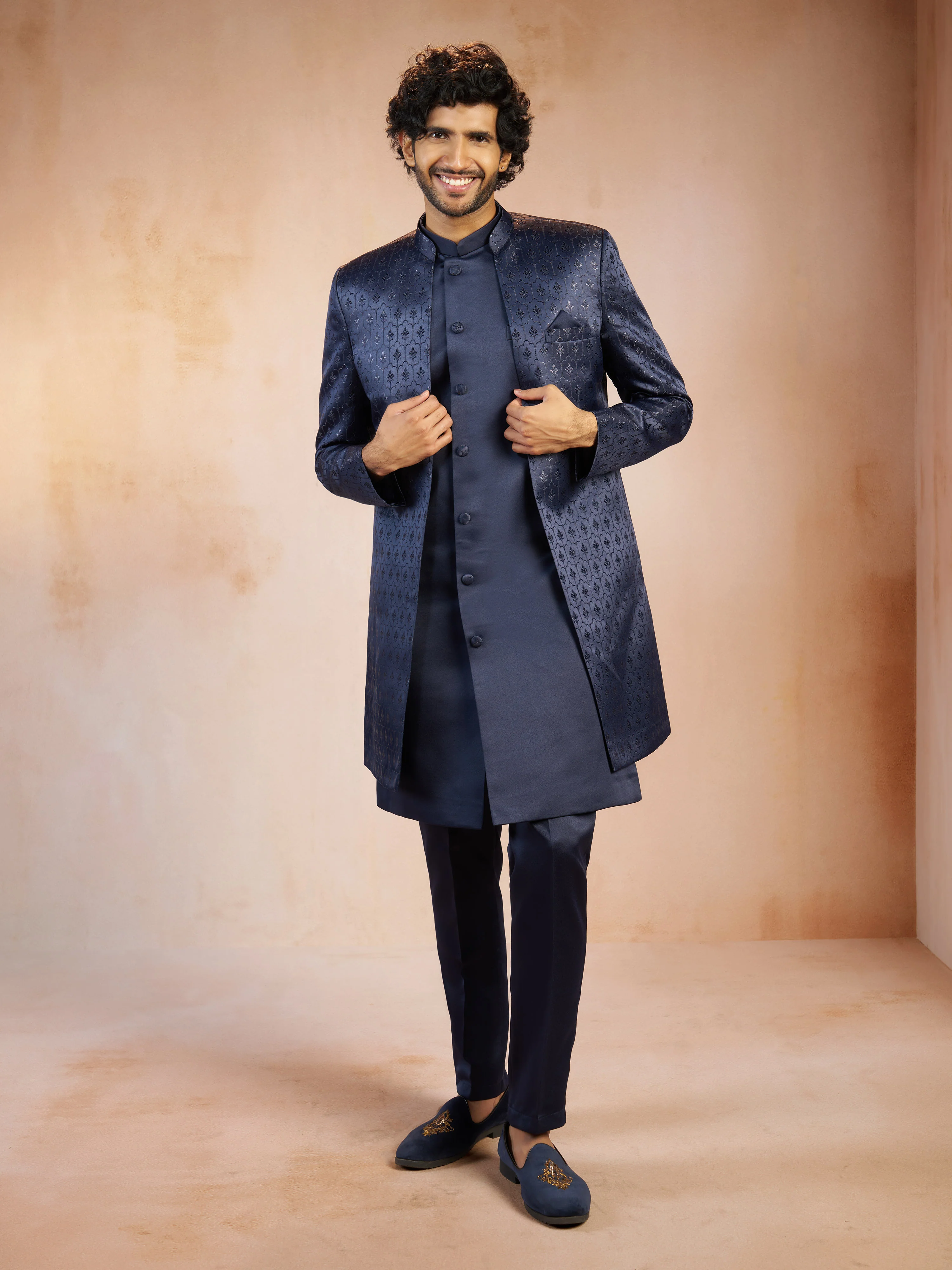 Men's Navy Blue Self Design Jacquard Silk Blend Sherwani Jacket with Matching Pant Set - Image 3
