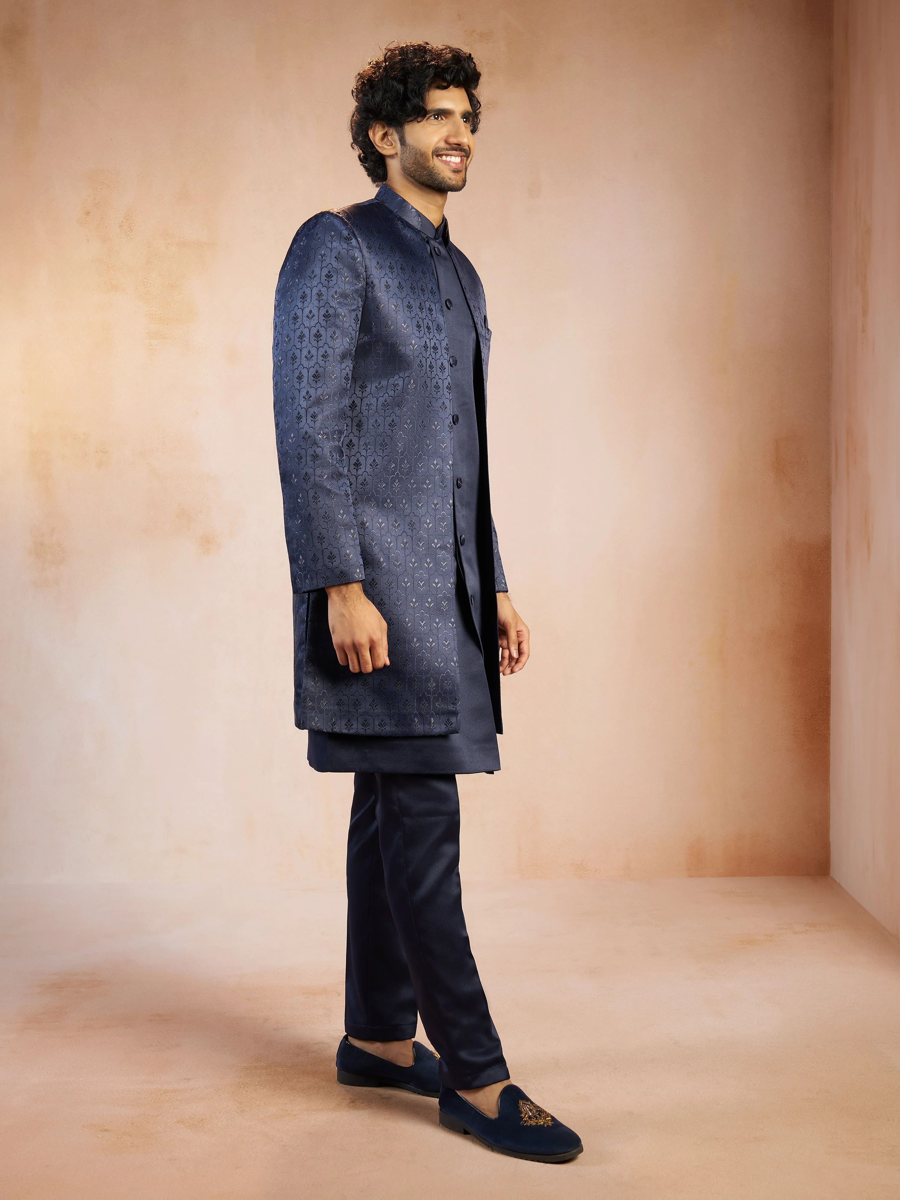 Men's Navy Blue Self Design Jacquard Silk Blend Sherwani Jacket with Matching Pant Set - Image 4
