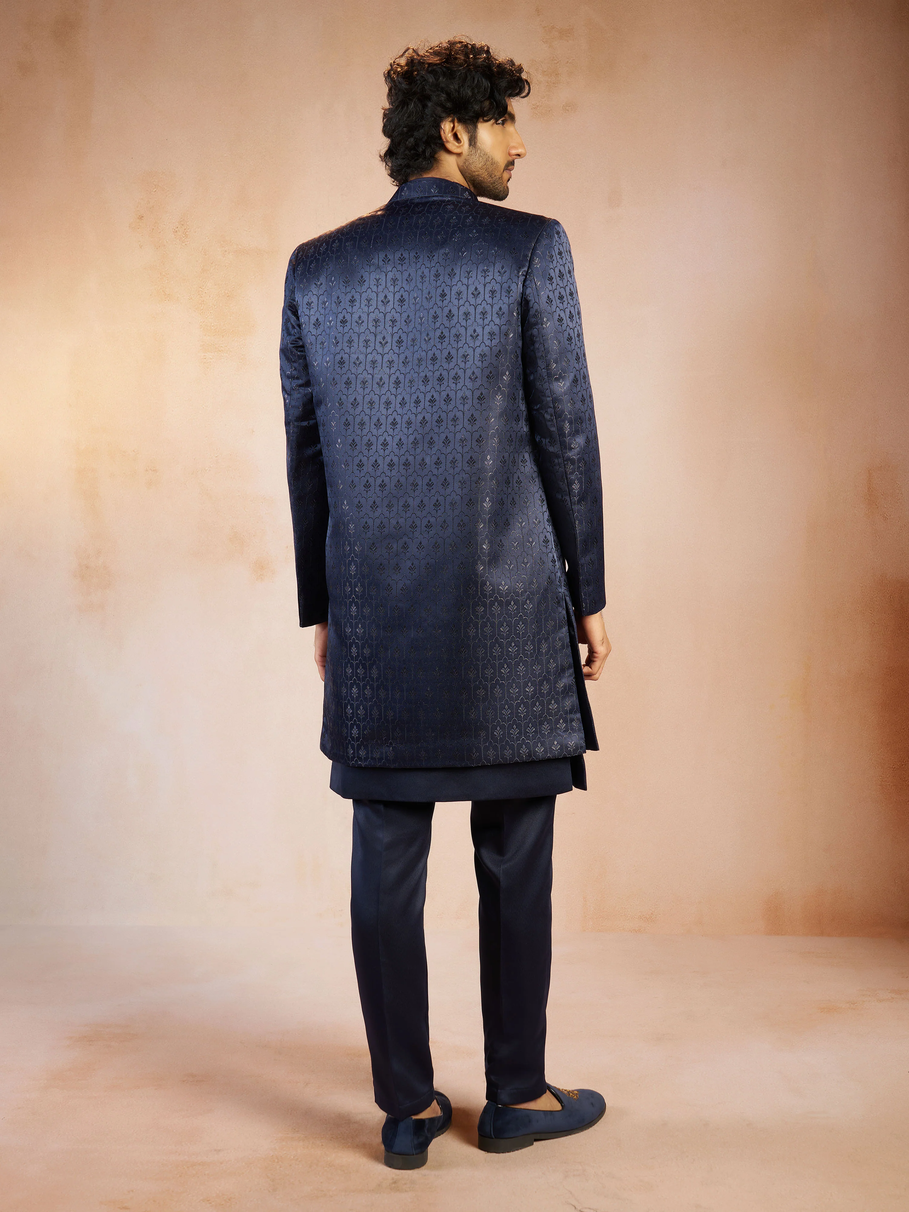 Men's Navy Blue Self Design Jacquard Silk Blend Sherwani Jacket with Matching Pant Set - Image 5