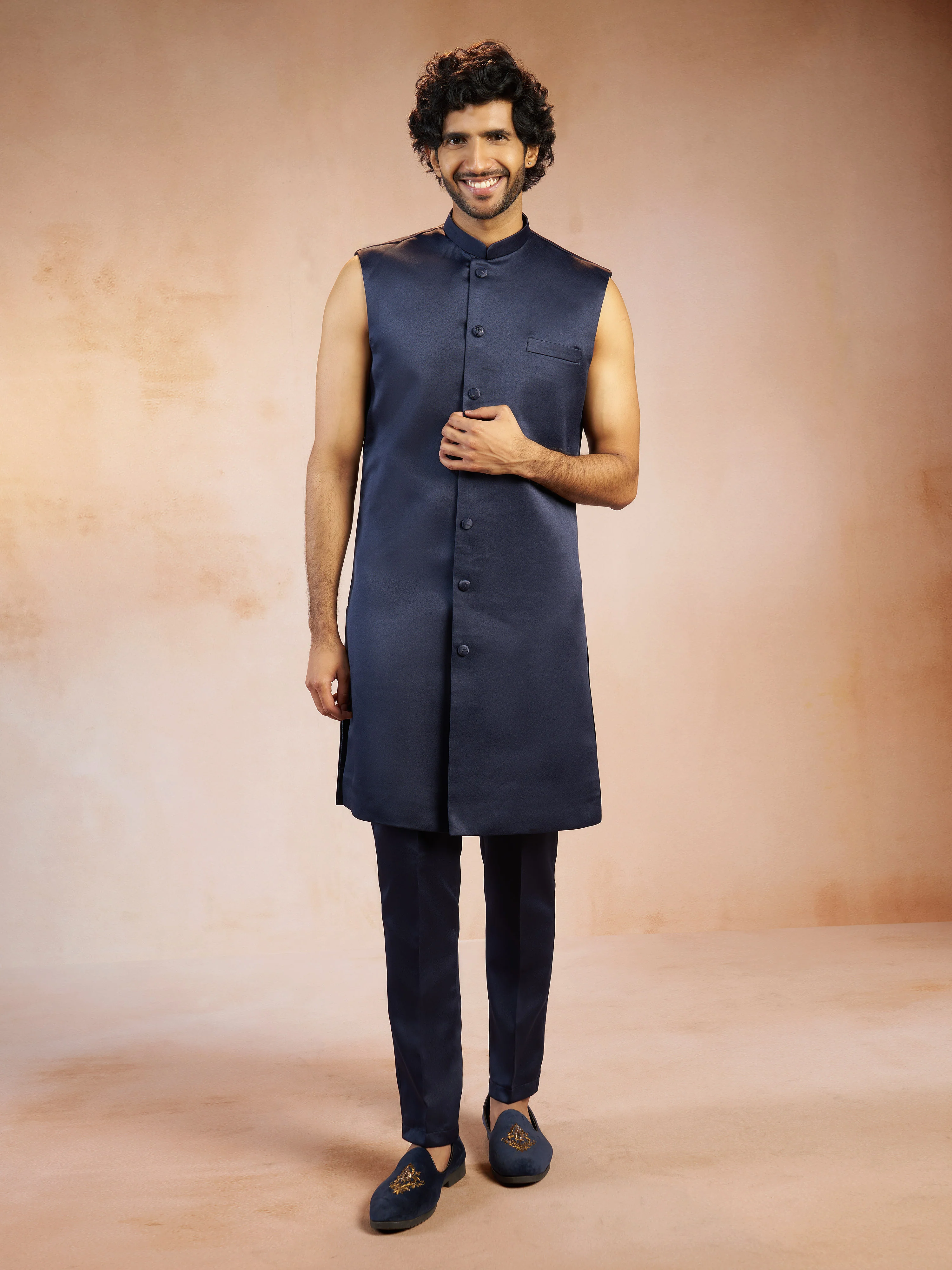 Men's Navy Blue Self Design Jacquard Silk Blend Sherwani Jacket with Matching Pant Set - Image 6