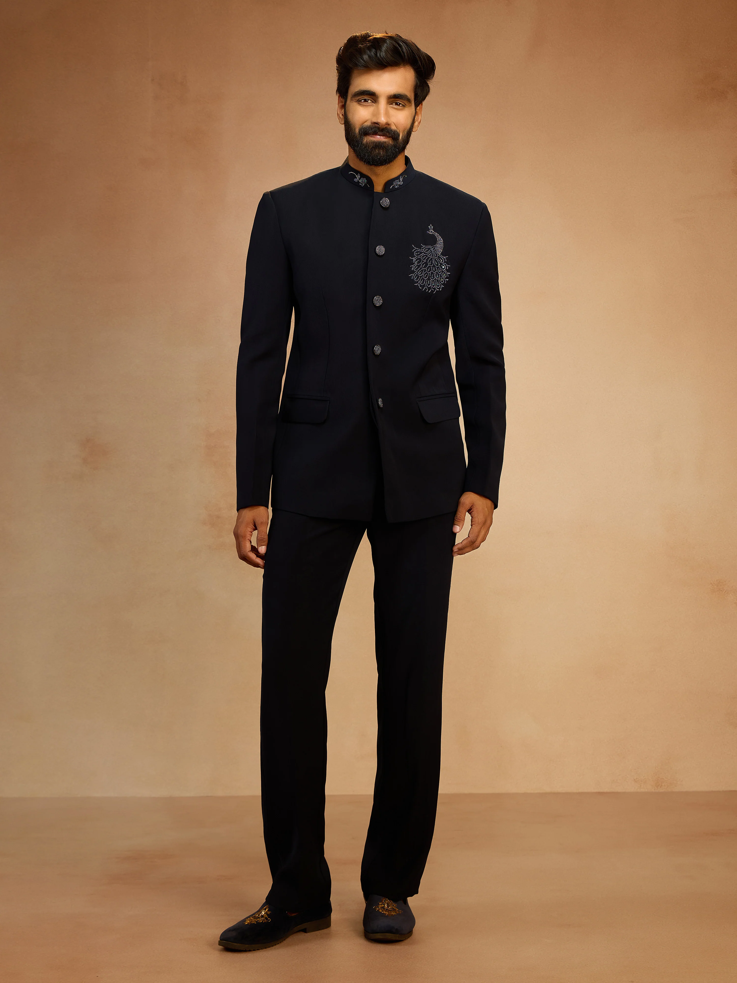Men's Navy Blue Sequin & Bead Embroidered Jodhpuri with Straight Pant Set - Image 4