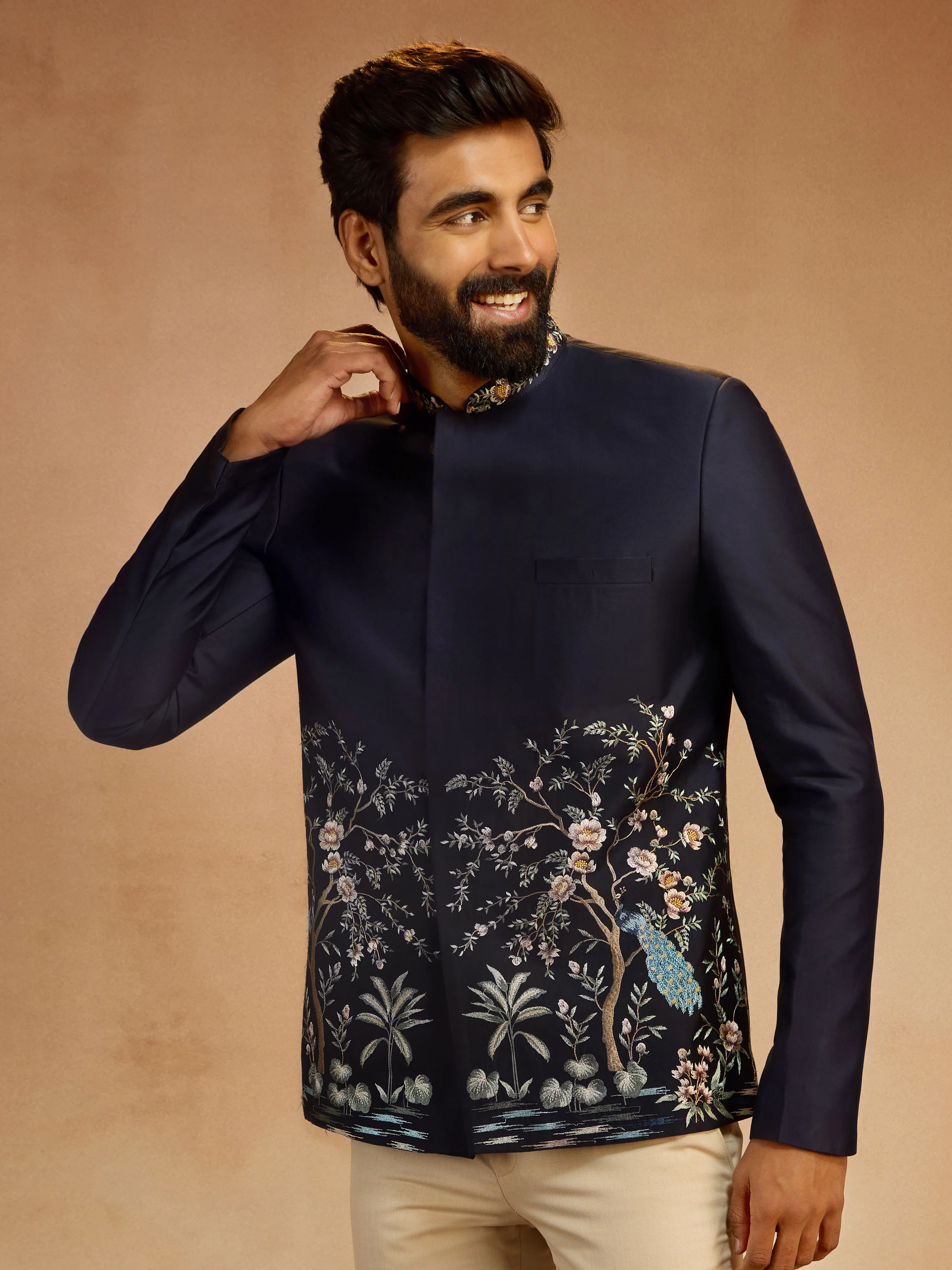 Men's Navy Blue Silk Thread Embroidered Jodhpuri with Daman Peacock & Tree Motif