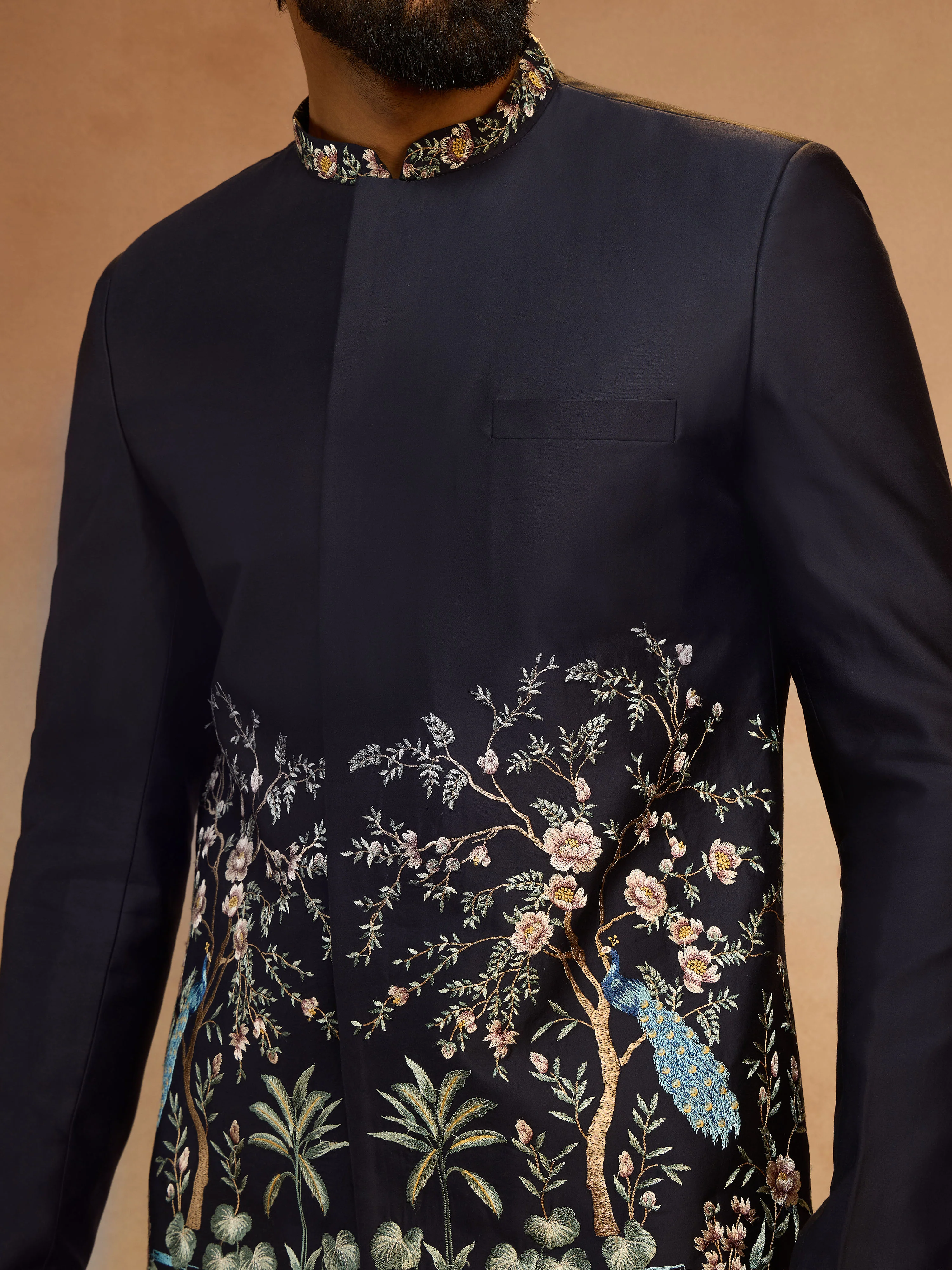Men's Navy Blue Silk Thread Embroidered Jodhpuri with Daman Peacock & Tree Motif - Image 2