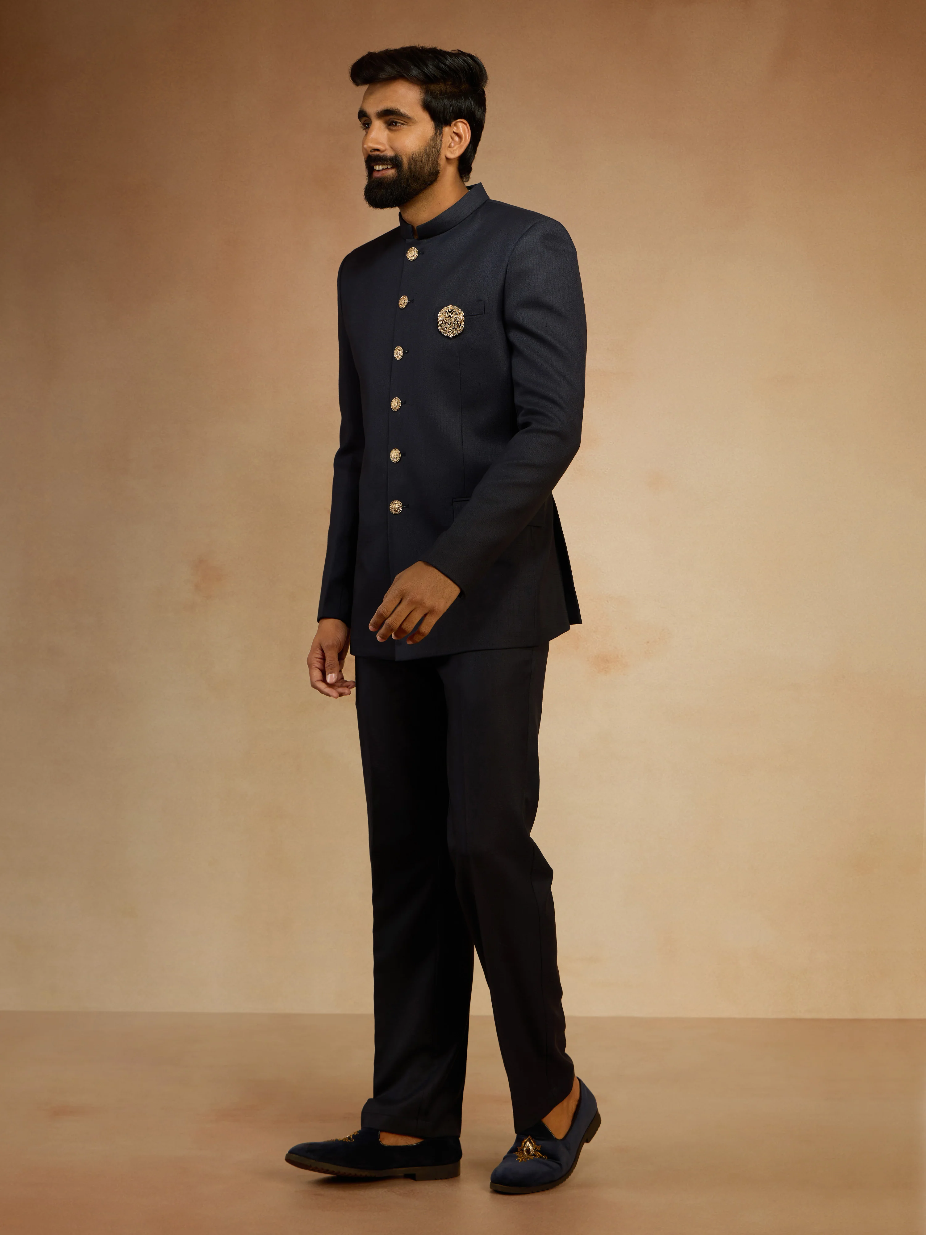 Men's Navy Blue Solid Imported Suiting Lycra Brooch Jodhpuri with Straight Pant Set - Image 3