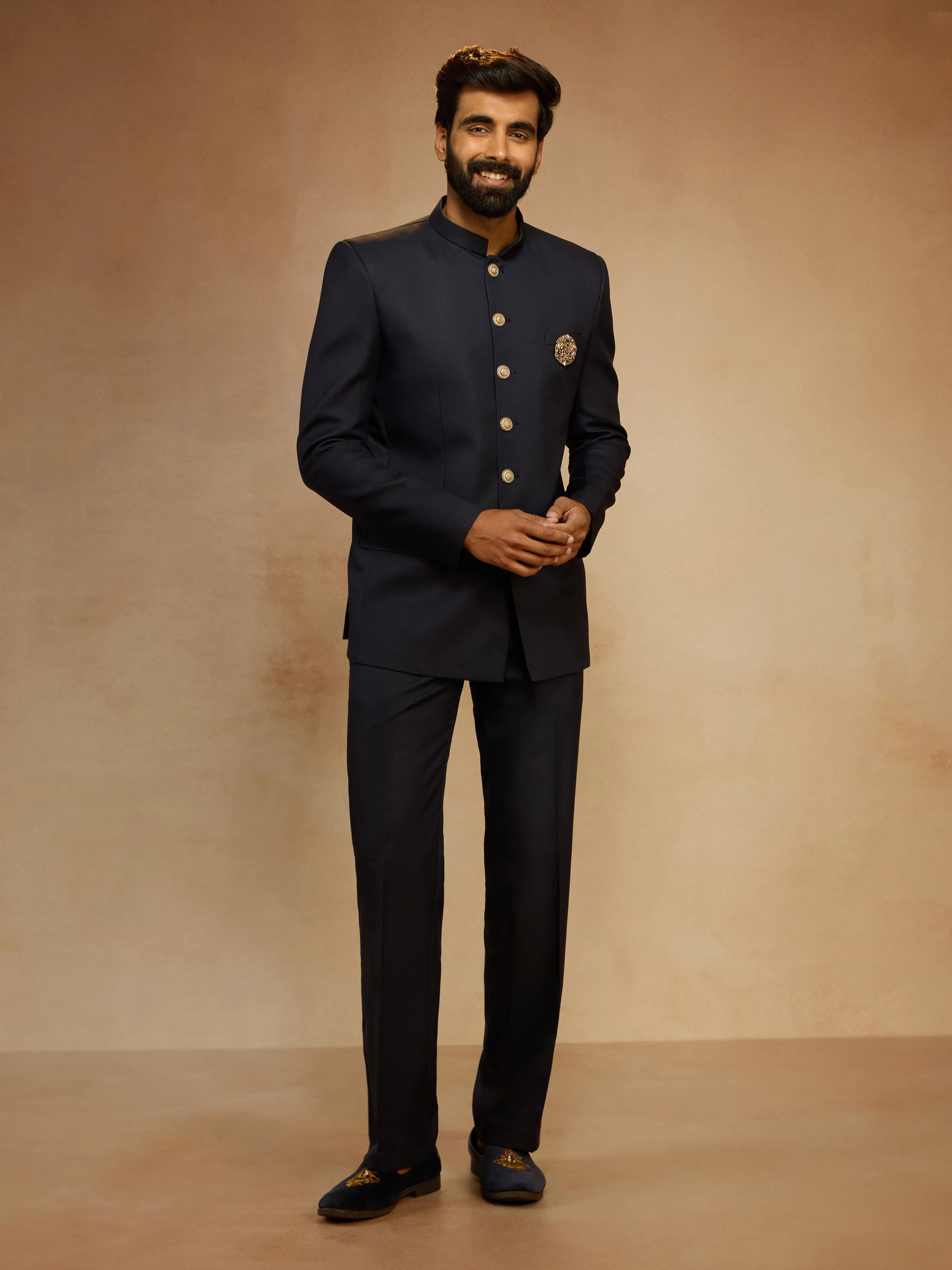 Men's Navy Blue Solid Imported Suiting Lycra Brooch Jodhpuri with Straight Pant Set - Image 4