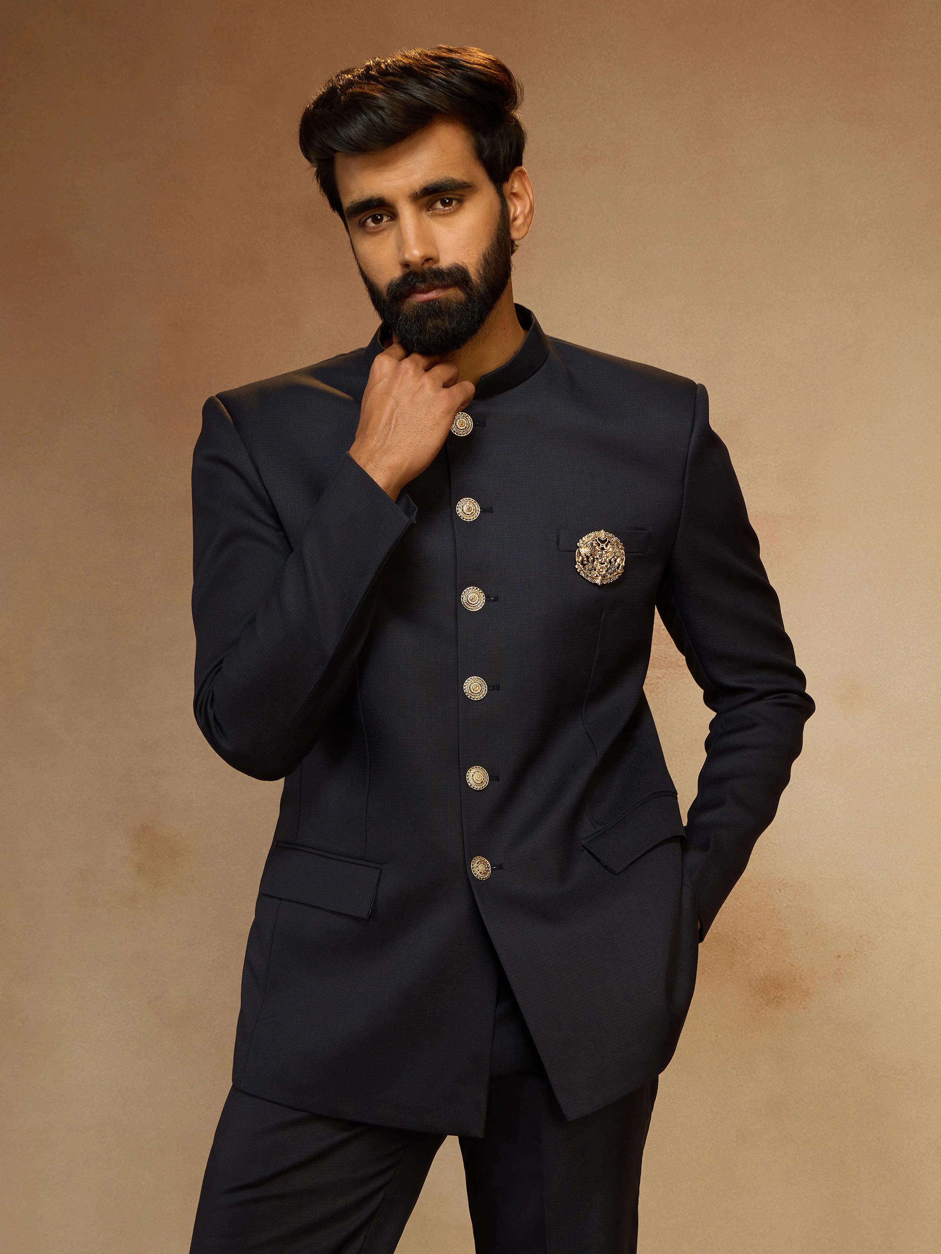Men's Navy Blue Solid Jodhpuri Suit with Brooch Detail in Imported Suiting Lycra