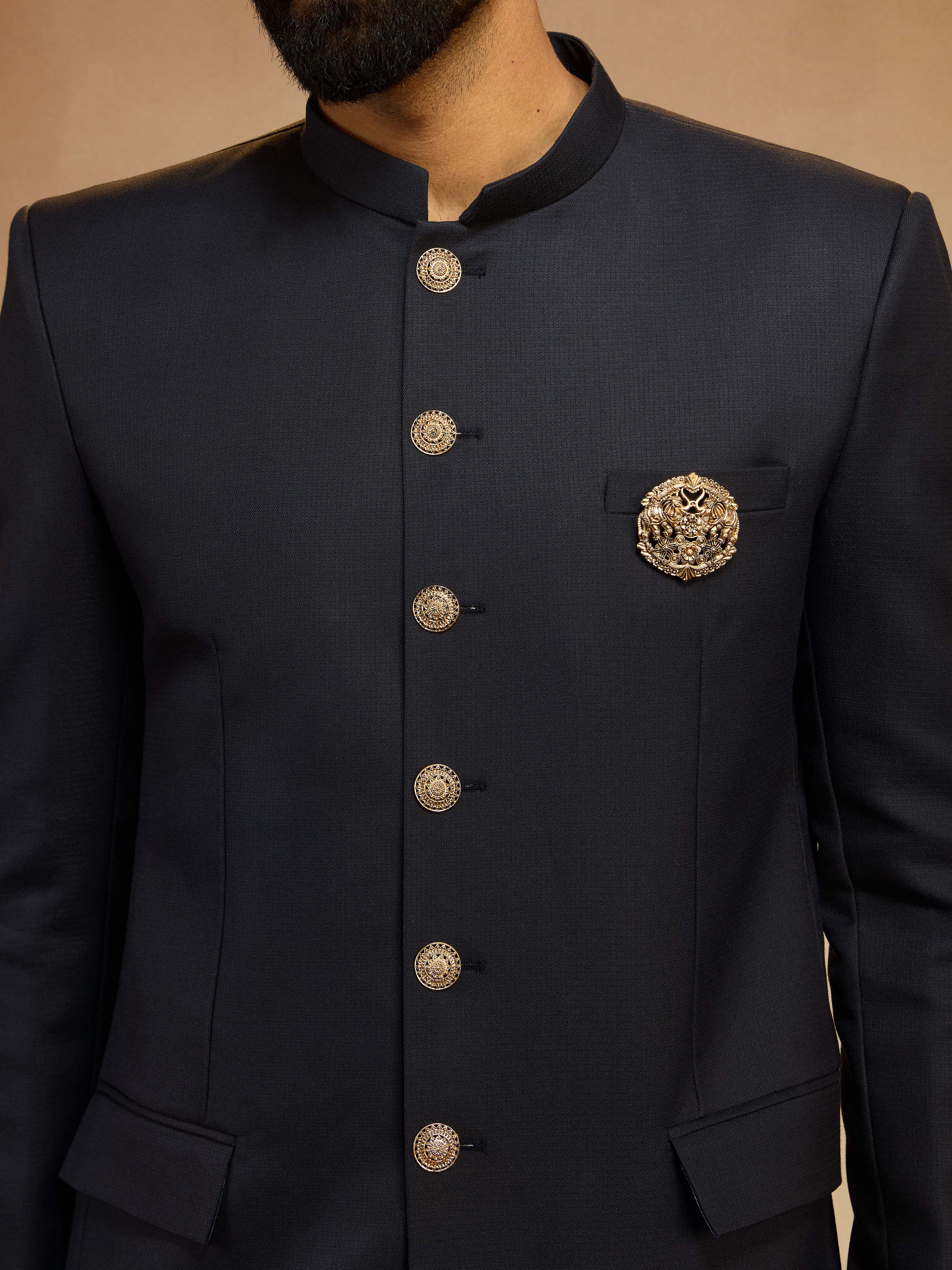 Men's Navy Blue Solid Jodhpuri Suit with Brooch Detail in Imported Suiting Lycra - Image 2