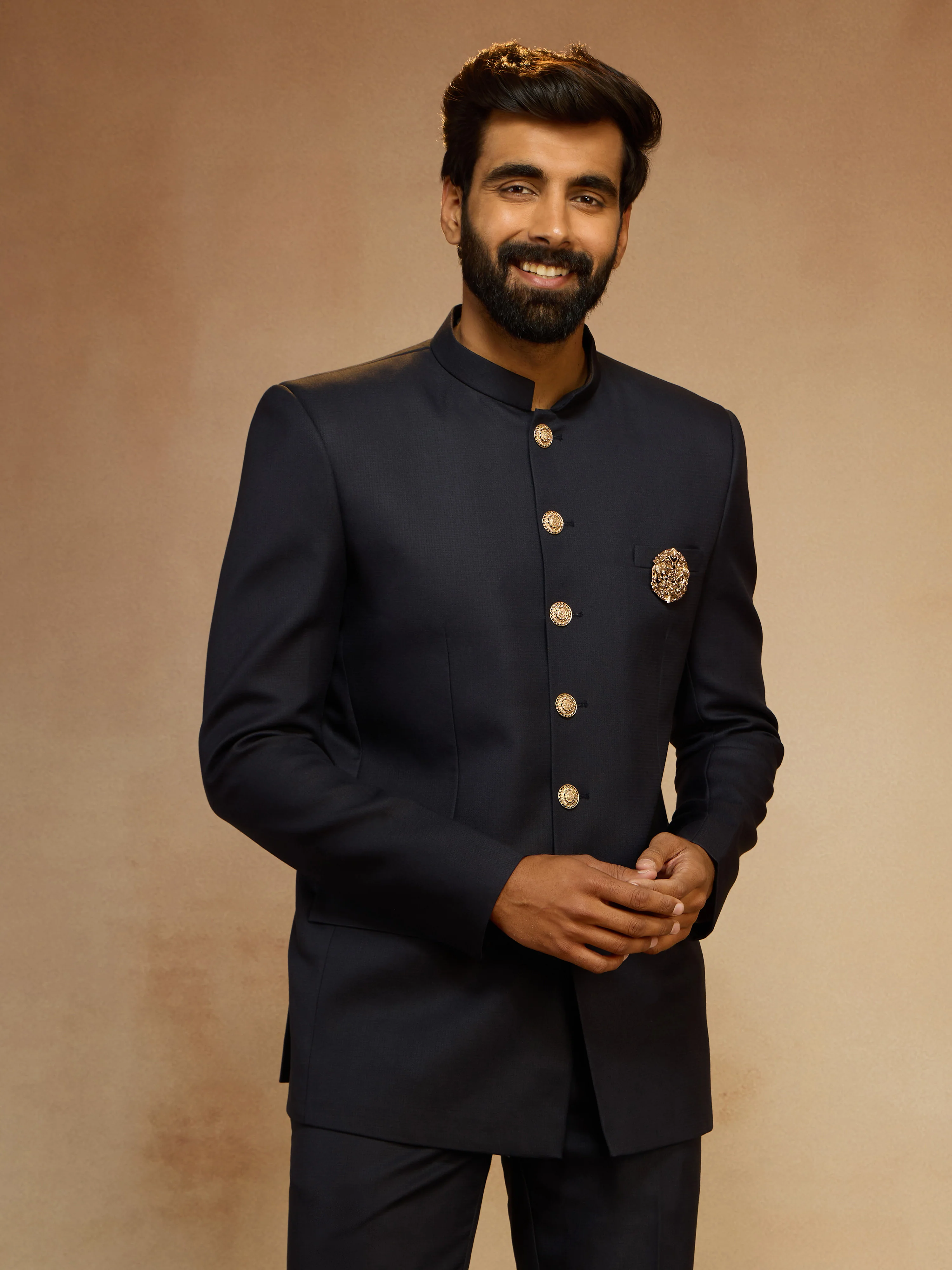 Men's Navy Blue Solid Jodhpuri Suit with Brooch Detail in Imported Suiting Lycra - Image 3