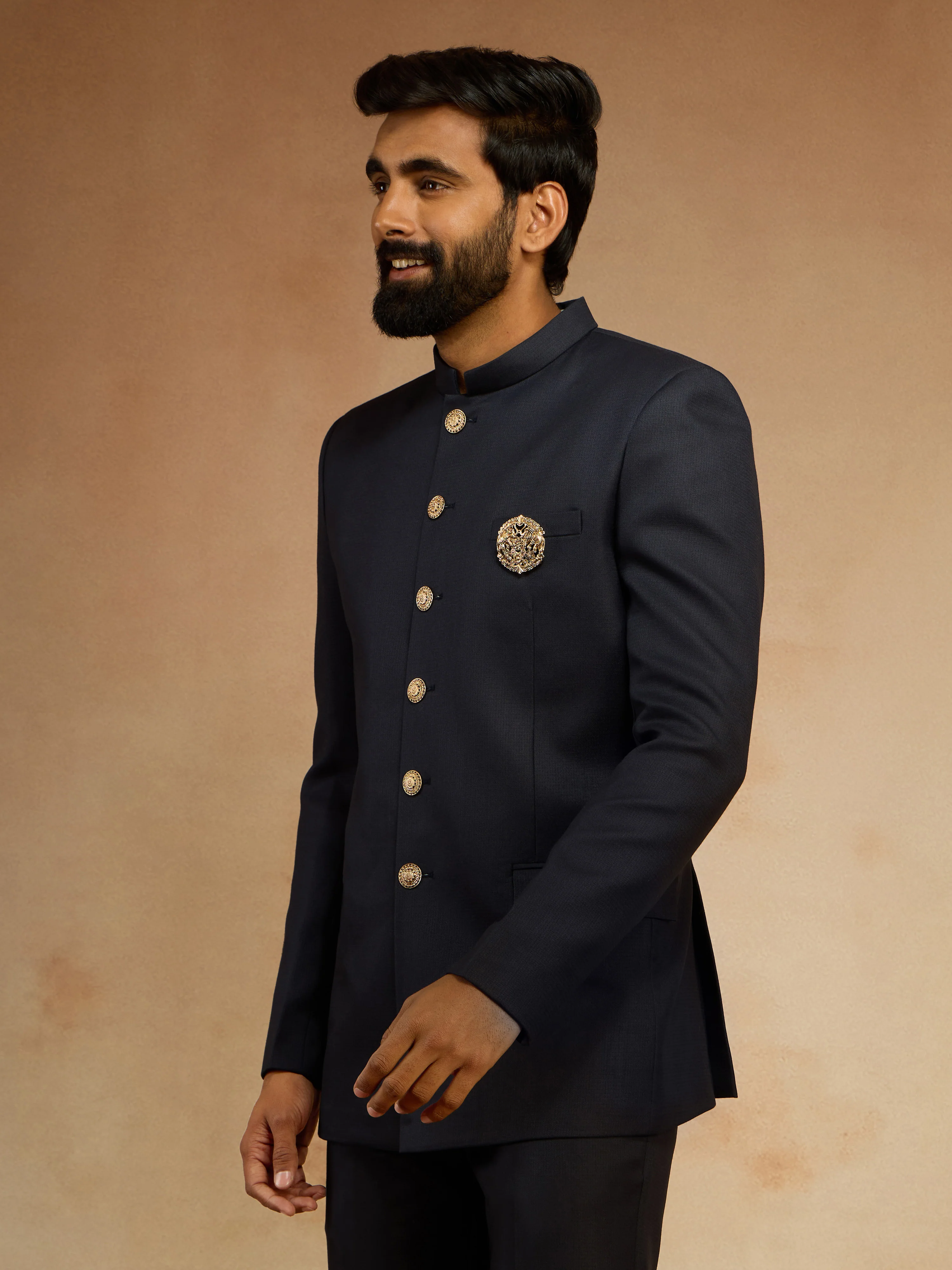 Men's Navy Blue Solid Jodhpuri Suit with Brooch Detail in Imported Suiting Lycra - Image 4