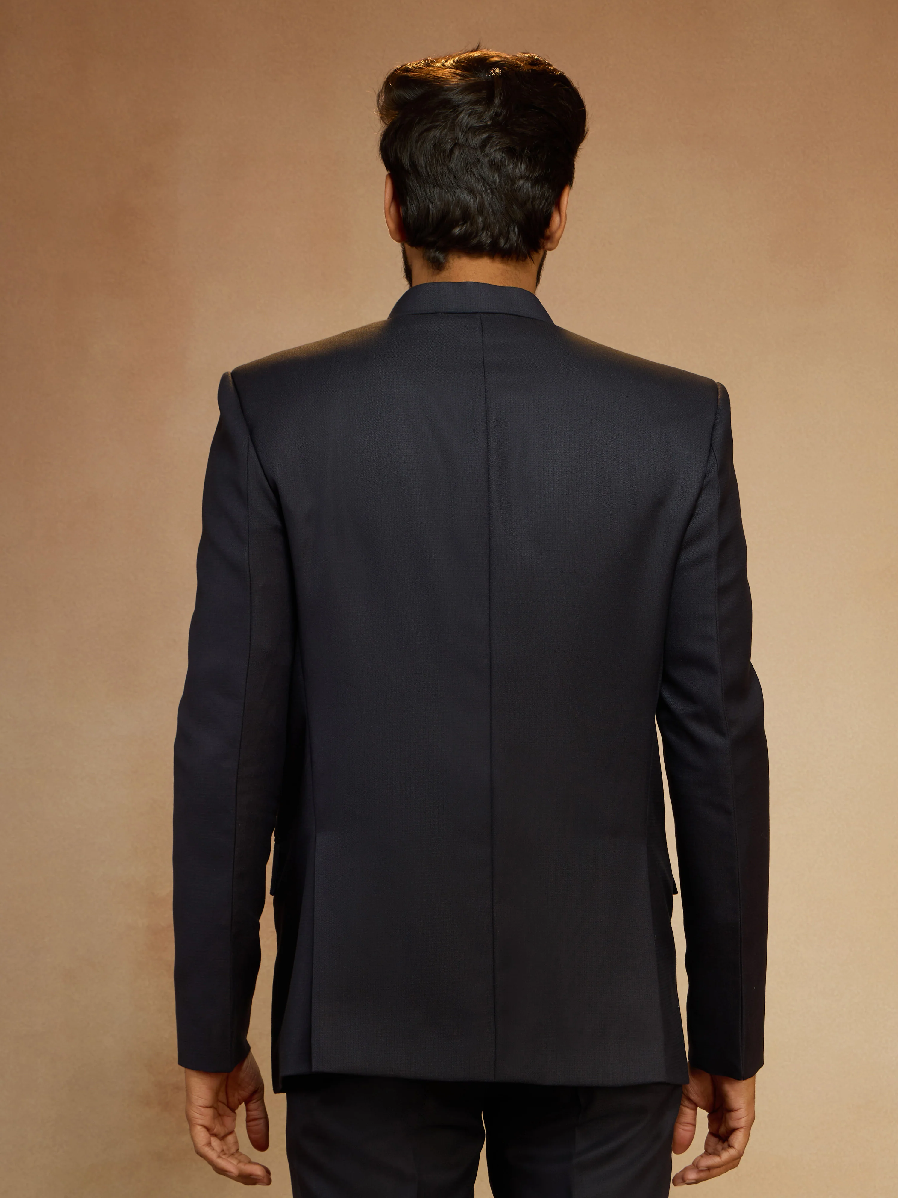 Men's Navy Blue Solid Jodhpuri Suit with Brooch Detail in Imported Suiting Lycra - Image 5
