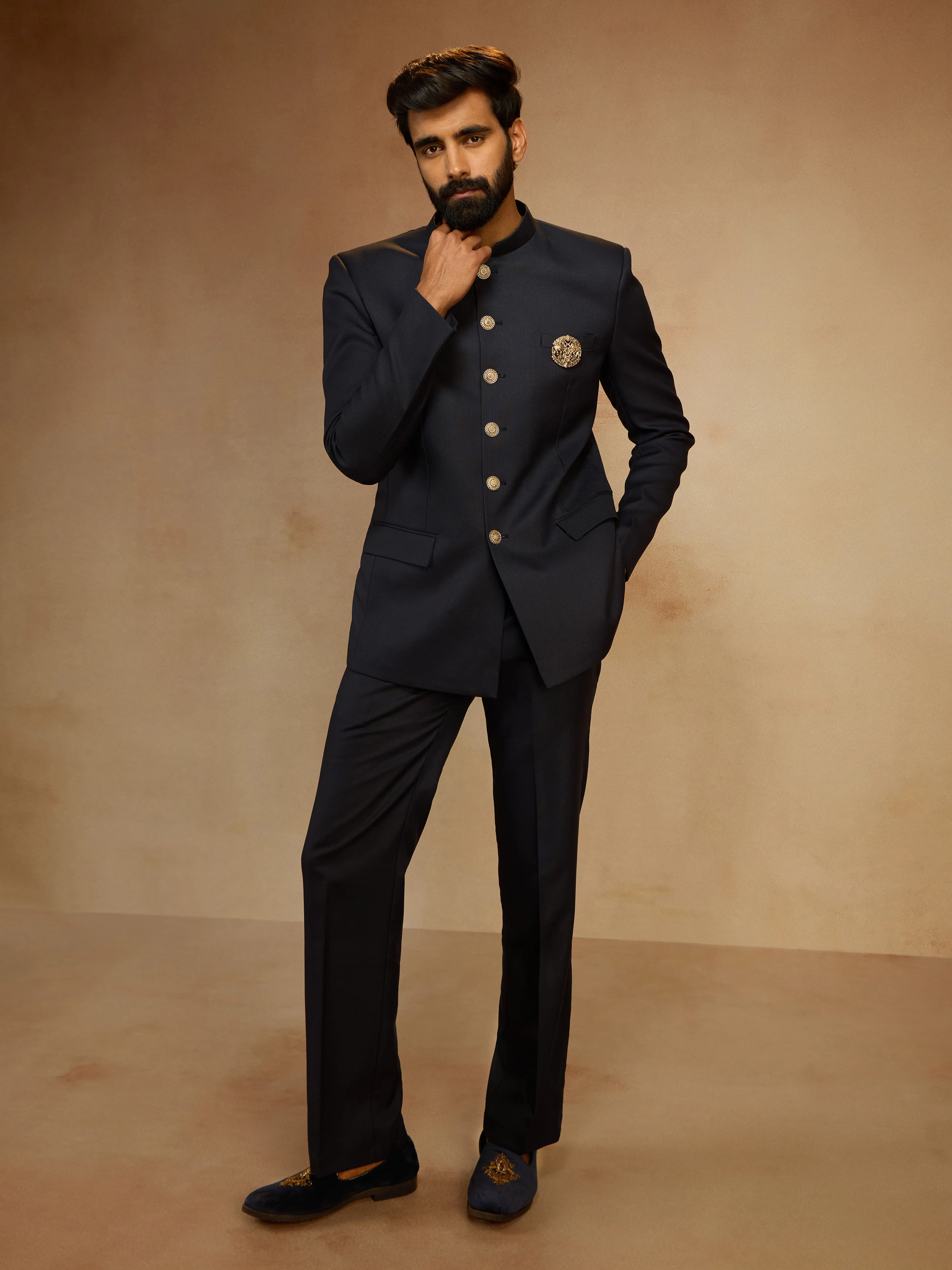 Men's Navy Blue Solid Jodhpuri Suit with Brooch Detail in Imported Suiting Lycra - Image 6