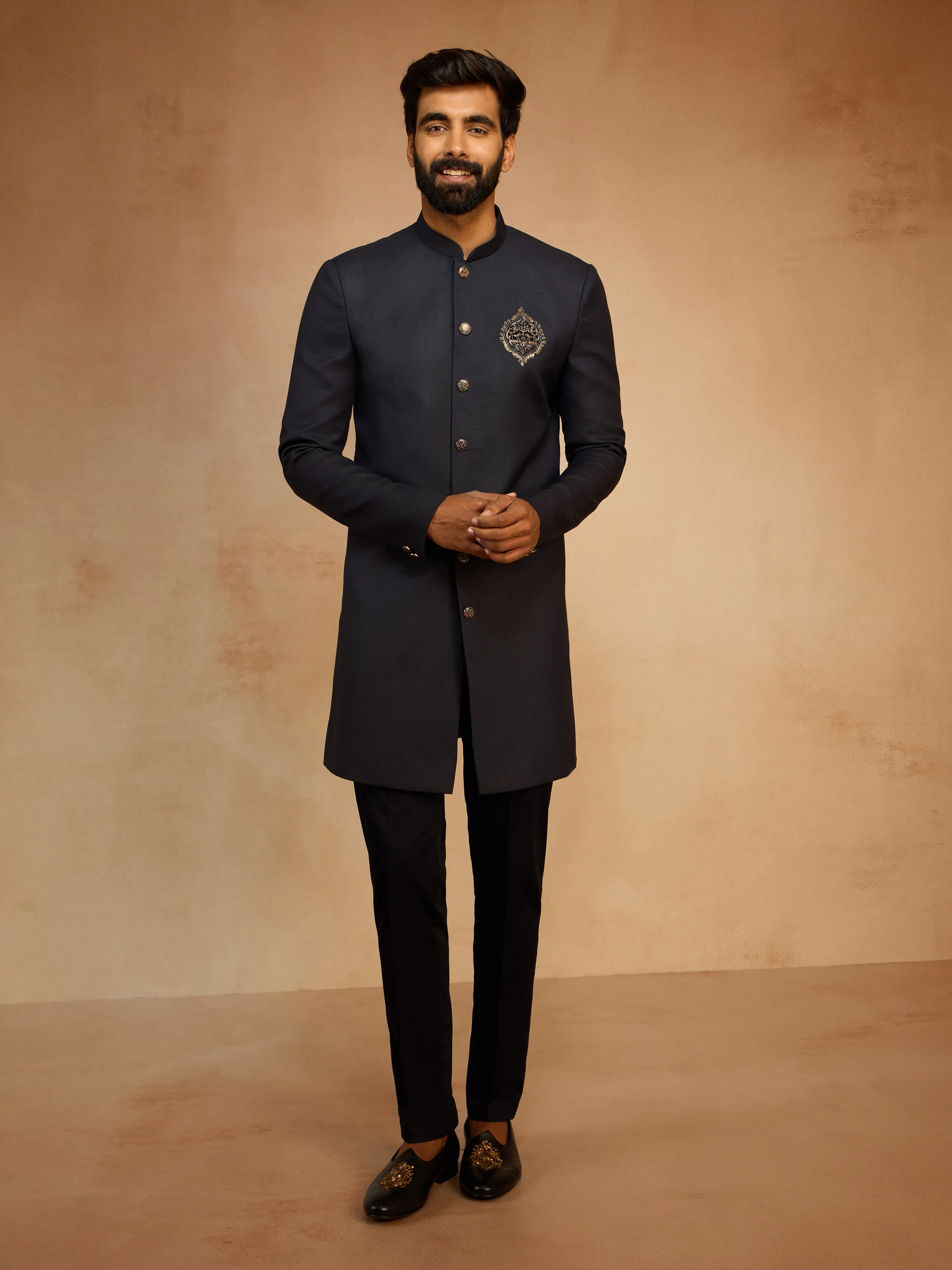 Men's Navy Blue Solid Sequin Zardozi Embroidery Indo-Western with Black Pant Style Pyjama Set - Image 3