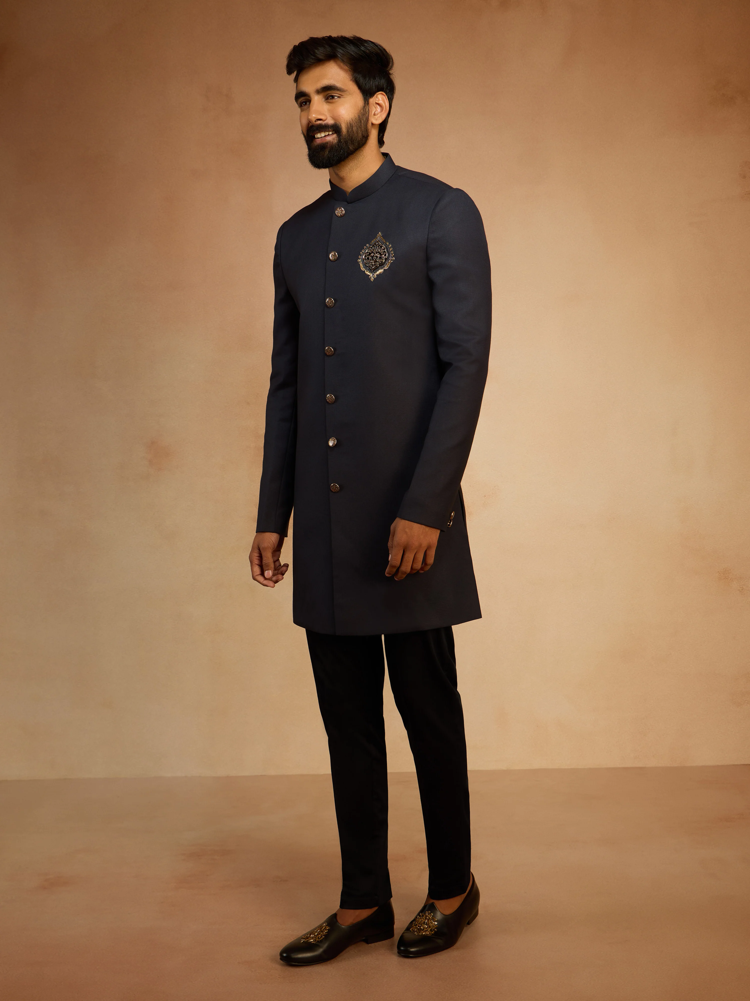 Men's Navy Blue Solid Sequin Zardozi Embroidery Indo-Western with Black Pant Style Pyjama Set - Image 4