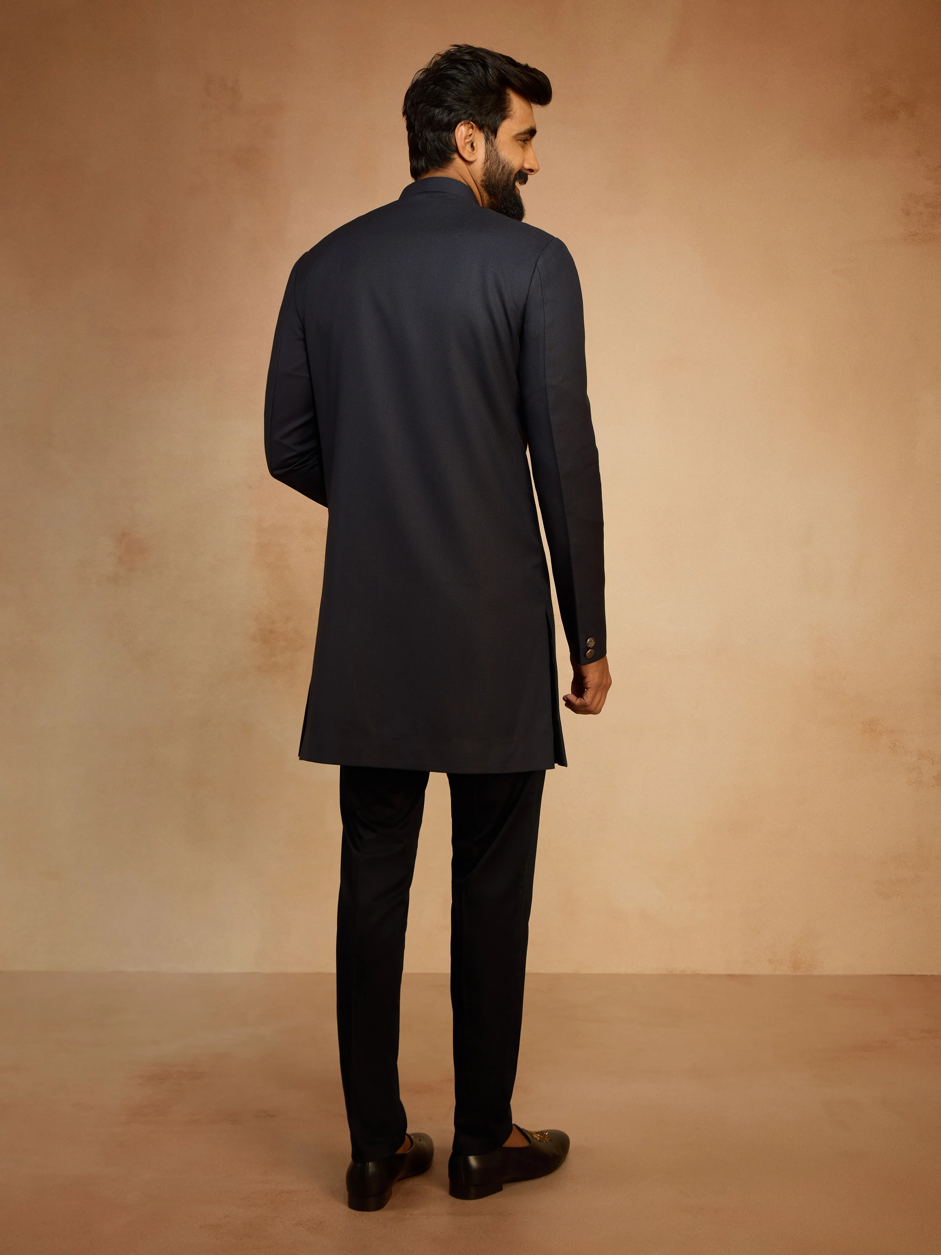 Men's Navy Blue Solid Sequin Zardozi Embroidery Indo-Western with Black Pant Style Pyjama Set - Image 5