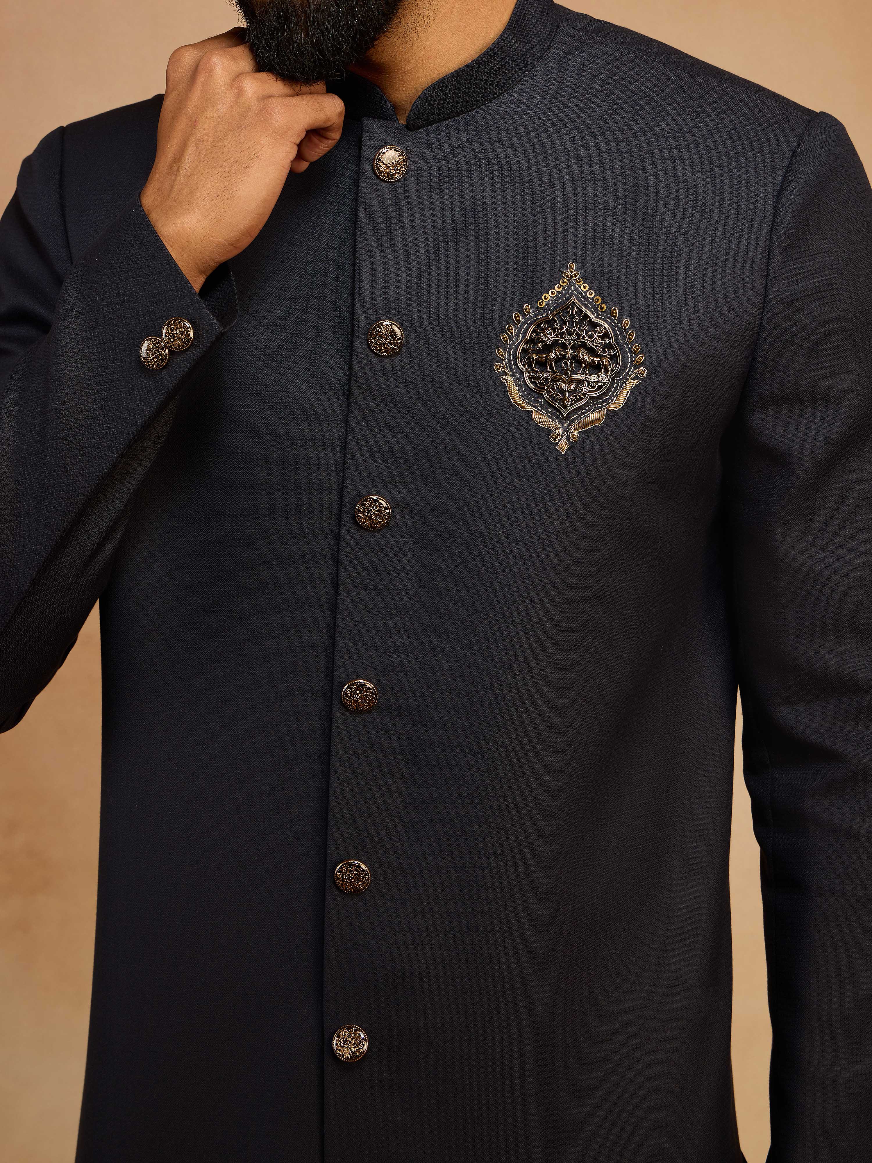 Men's Navy Blue Solid Sequin Zardozi Embroidery Indo-Western with Cream Pant Style Pyjama Set - Image 2
