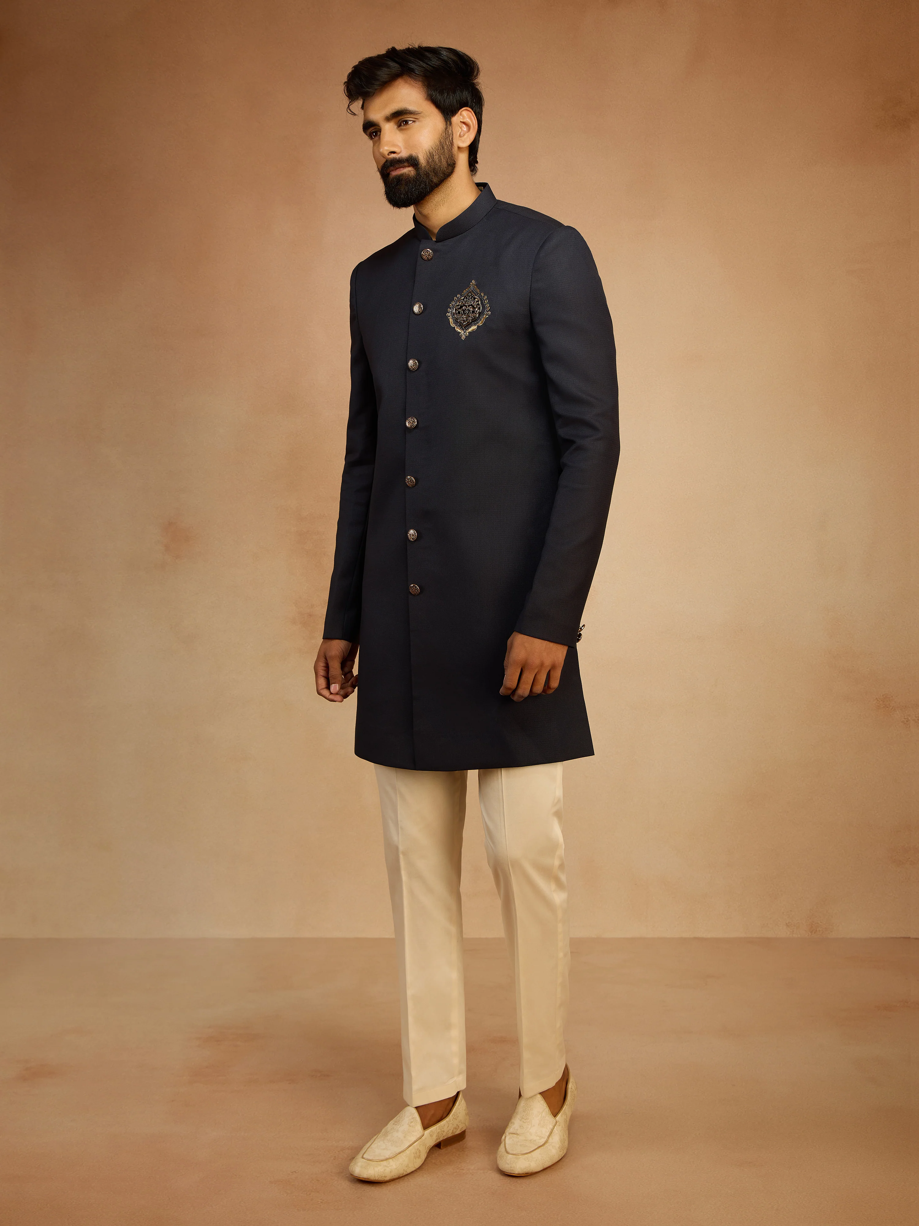 Men's Navy Blue Solid Sequin Zardozi Embroidery Indo-Western with Cream Pant Style Pyjama Set - Image 3