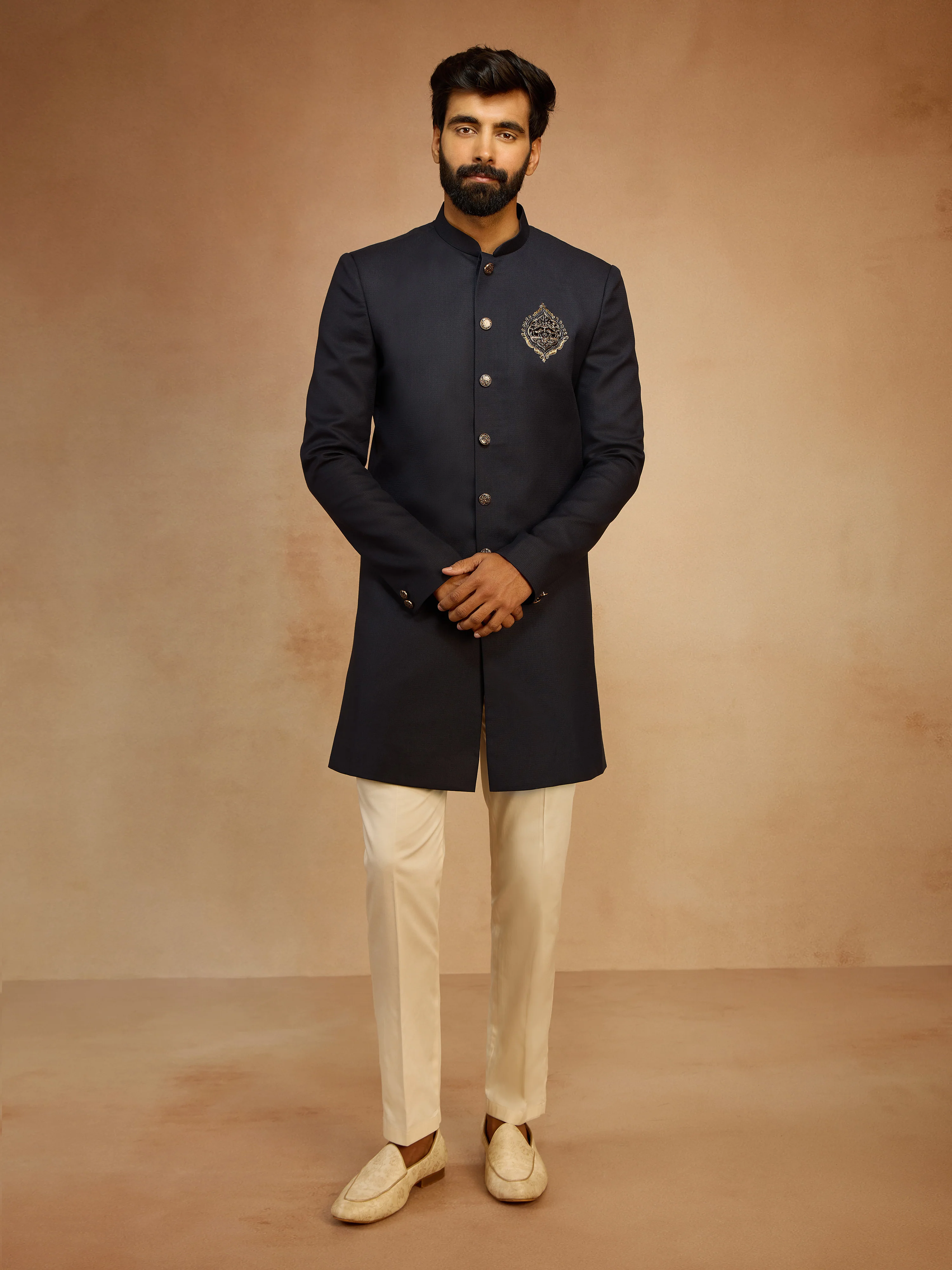 Men's Navy Blue Solid Sequin Zardozi Embroidery Indo-Western with Cream Pant Style Pyjama Set - Image 4