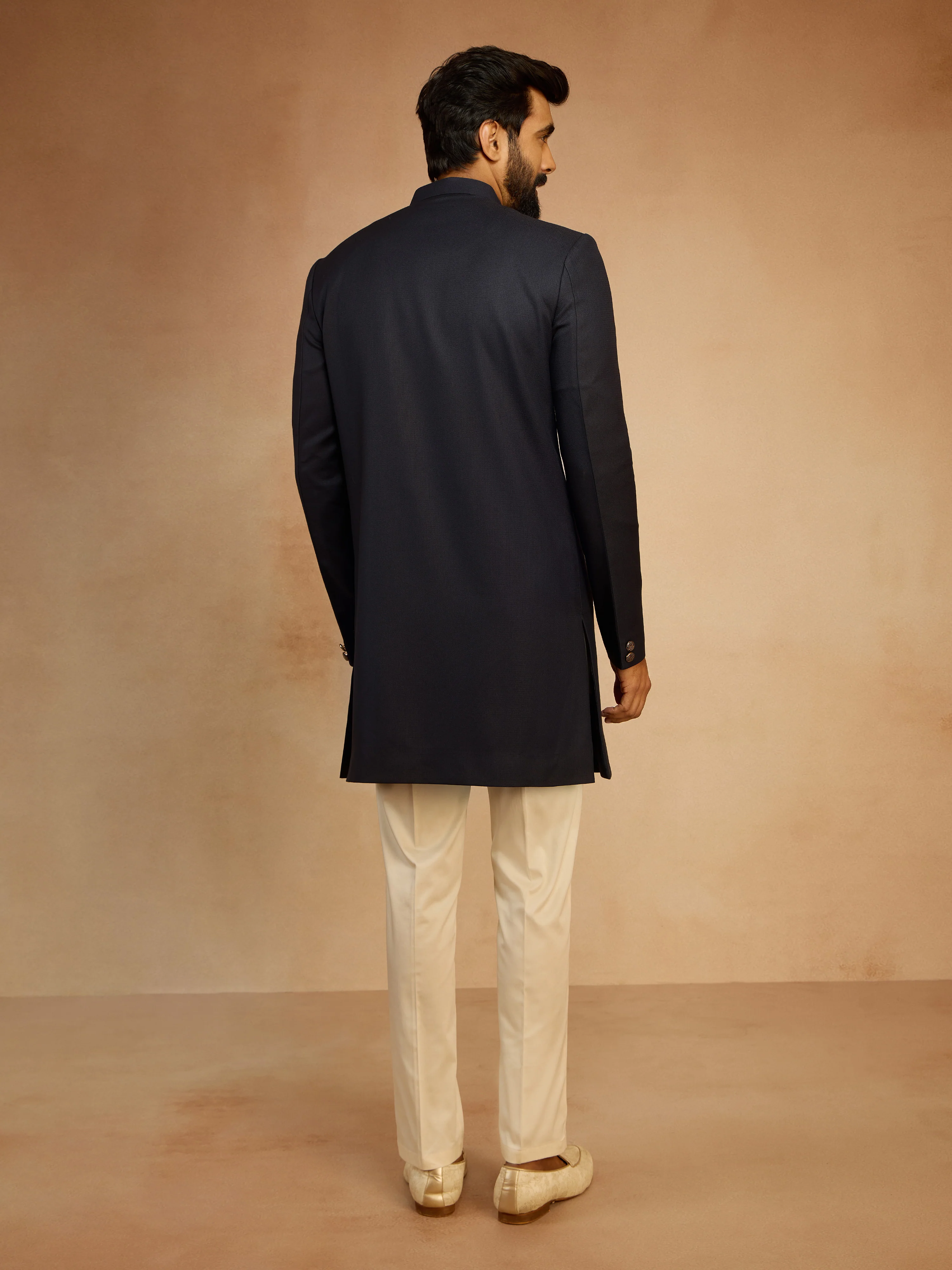 Men's Navy Blue Solid Sequin Zardozi Embroidery Indo-Western with Cream Pant Style Pyjama Set - Image 5