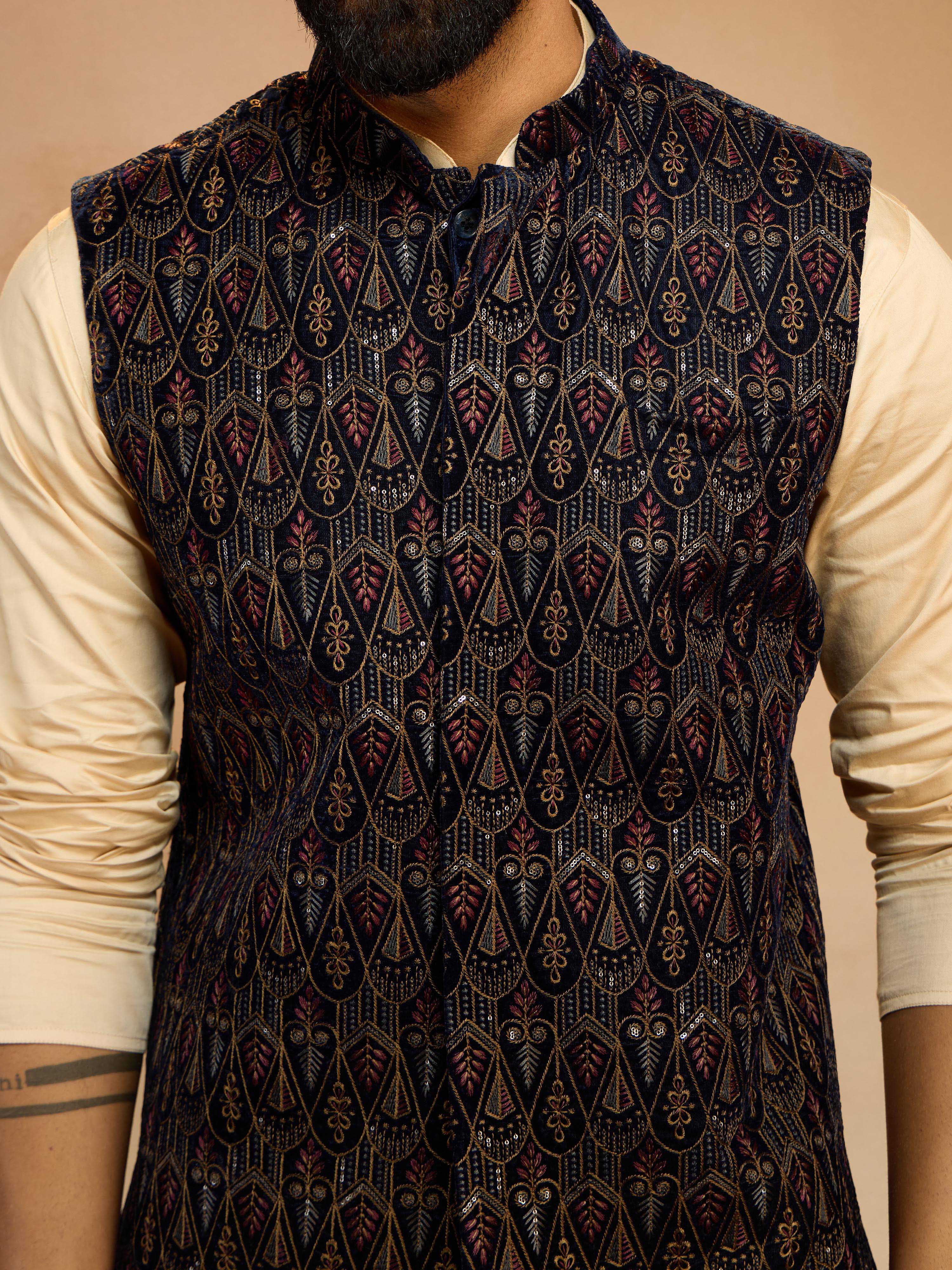 Men's Navy Blue Velvet Embroidered Nehru Jacket with Beige Solid Kurta & Pyjama Set - Image 2