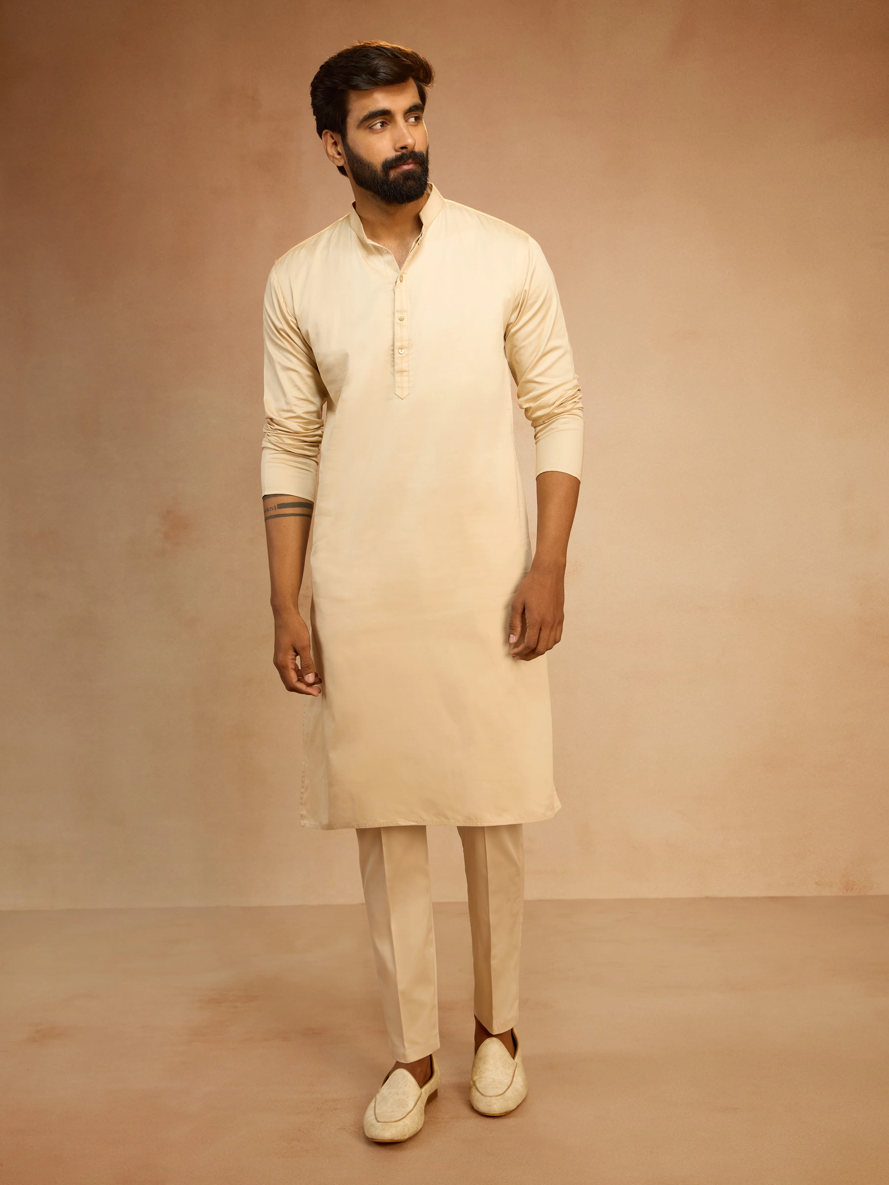 Men's Navy Blue Velvet Embroidered Nehru Jacket with Beige Solid Kurta & Pyjama Set - Image 6