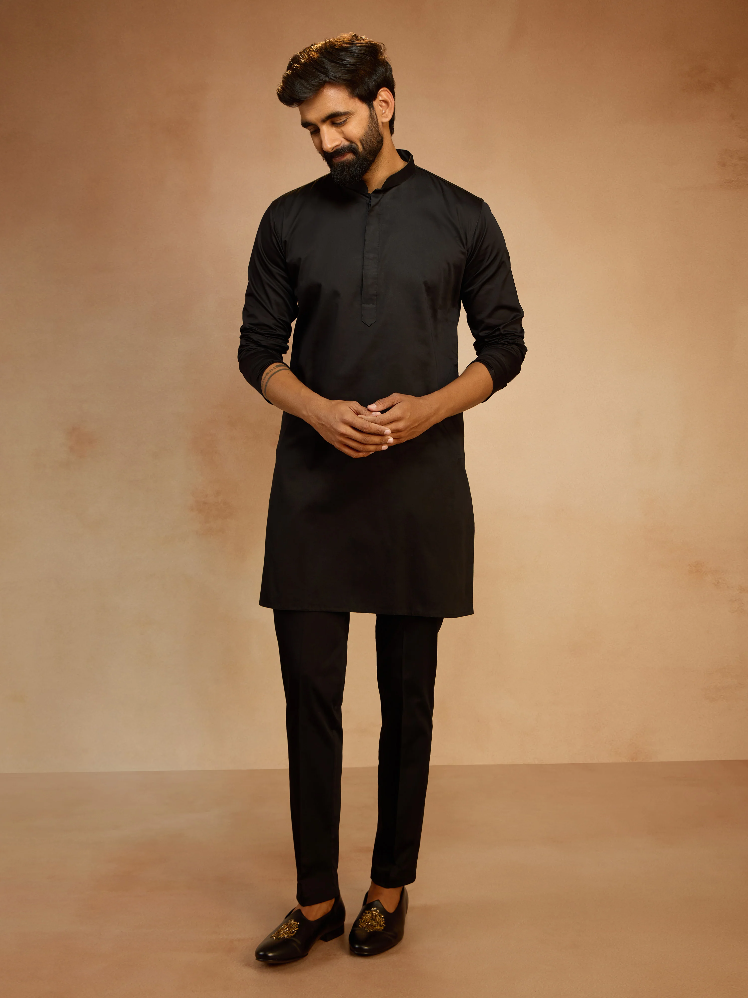 Men's Navy Blue Velvet Embroidered Nehru Jacket with Black Solid Kurta & Pyjama Set - Image 5