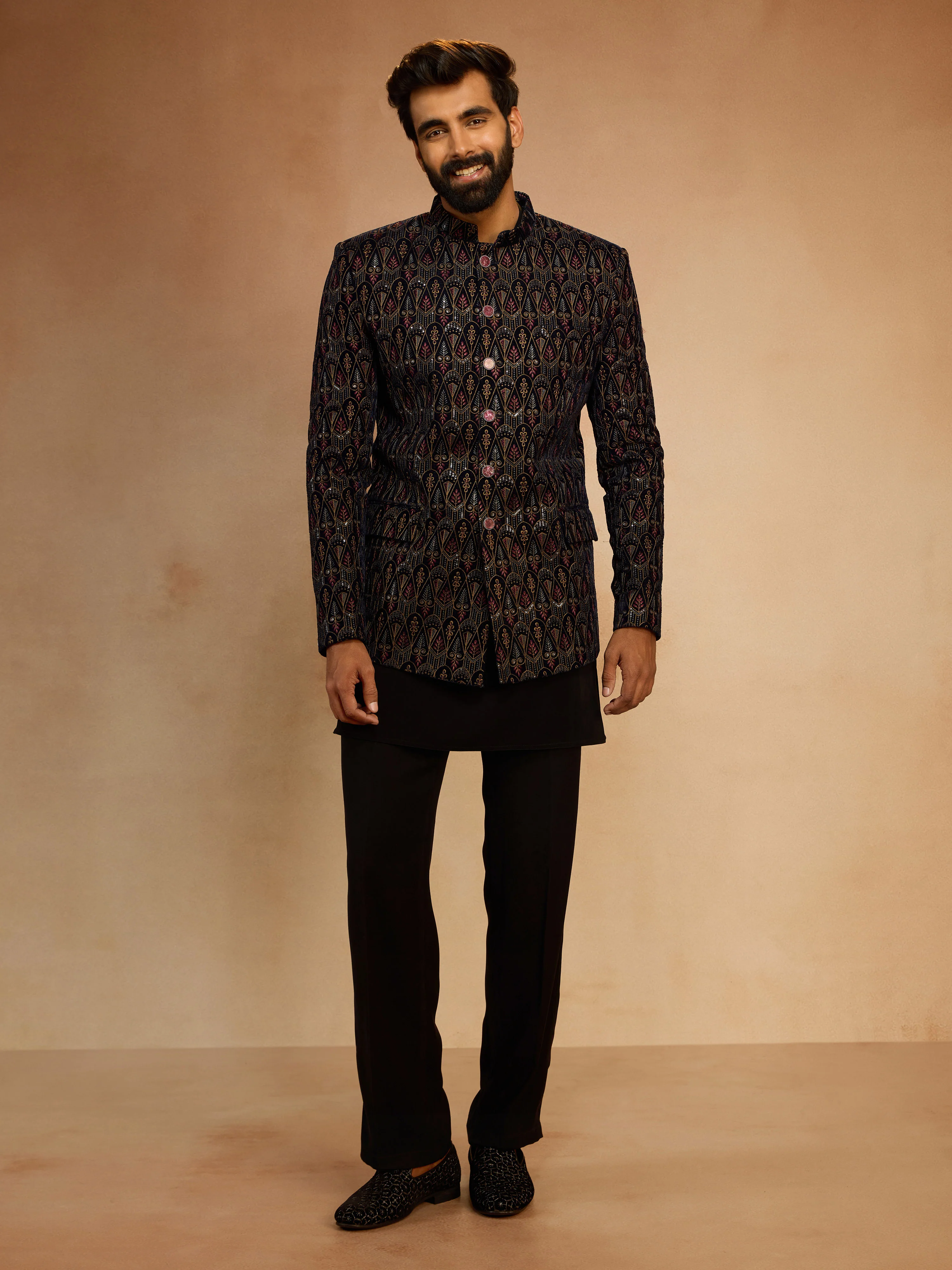Men's Navy Blue Velvet Geometric Jodhpuri with Black Embroidered Kurta & Pant Set - Image 3