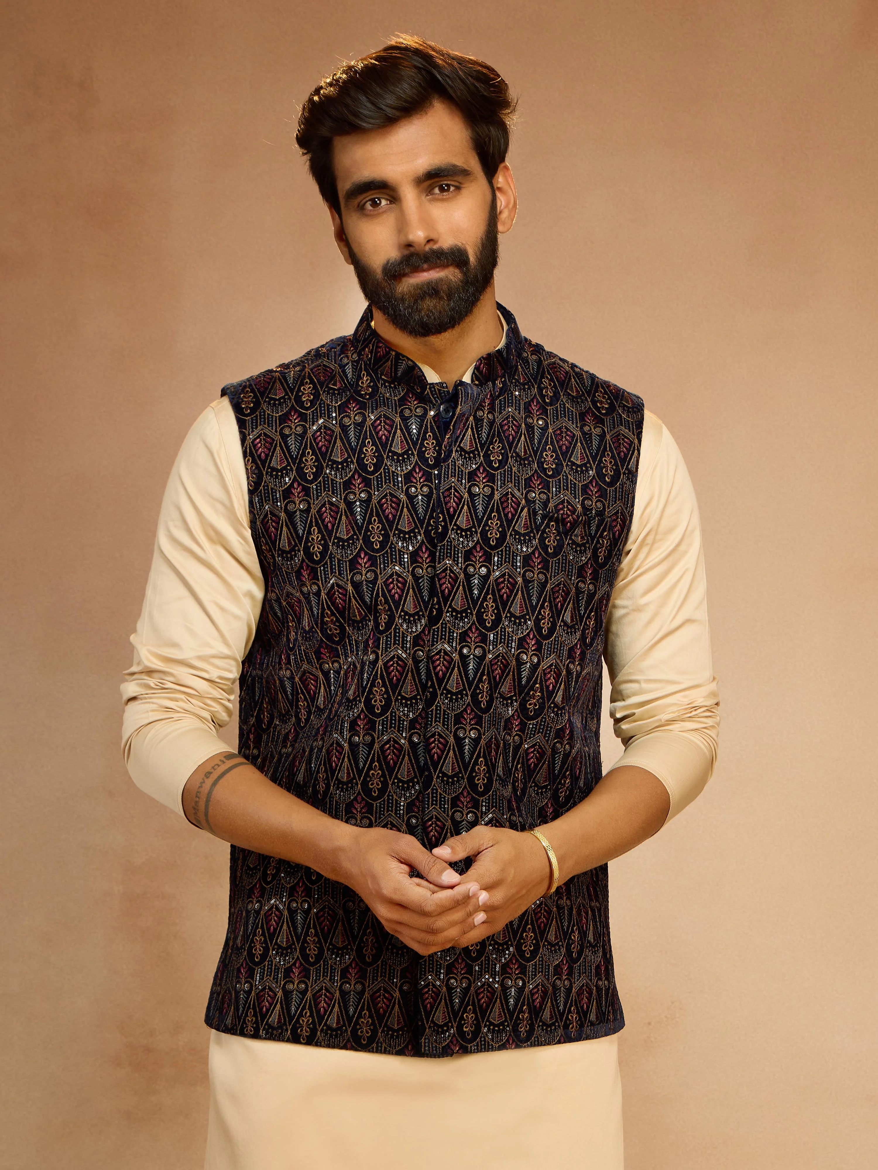 Men's Navy Blue Velvet Sequin Embroidered Nehru Jacket - Image 3
