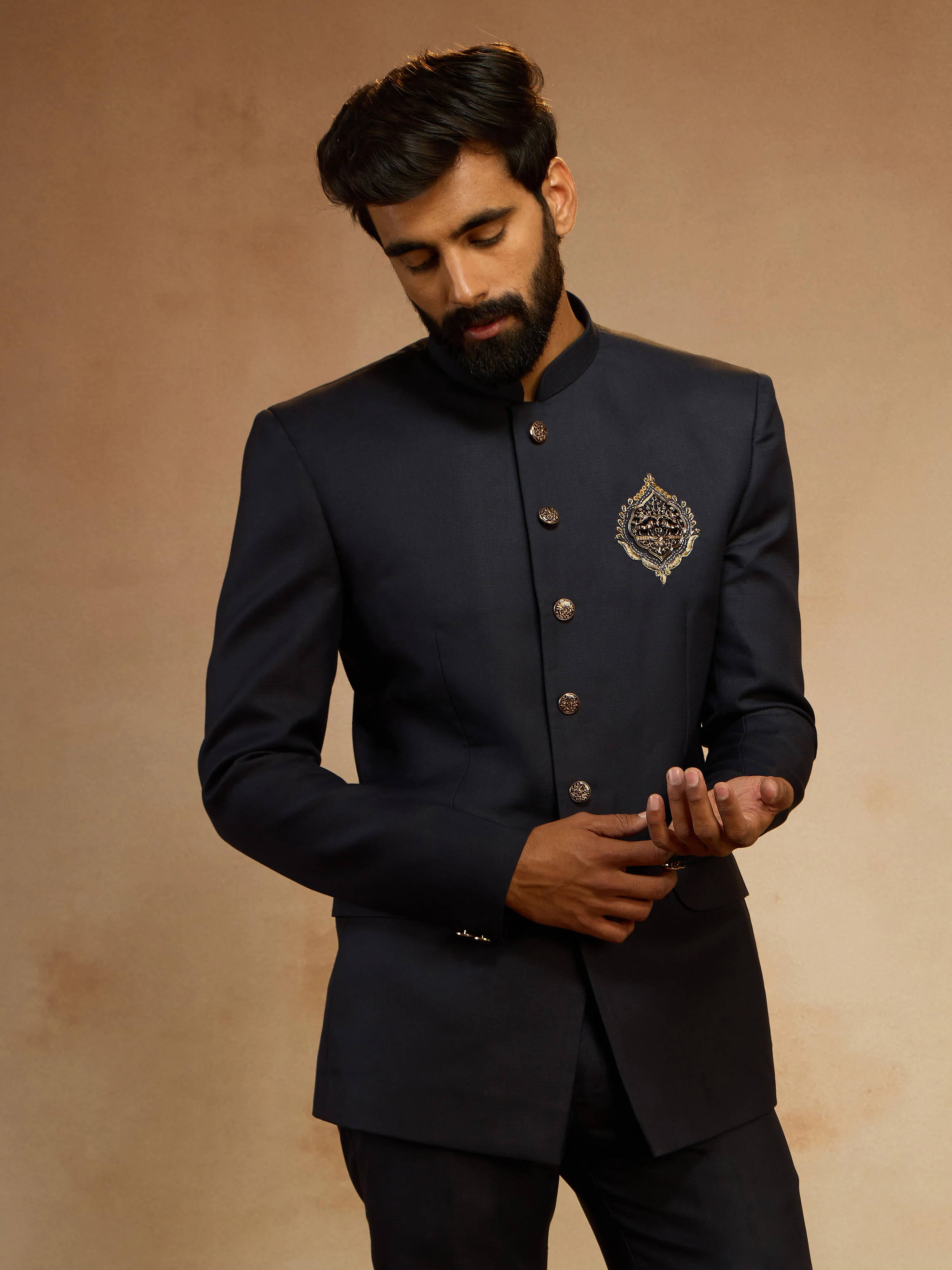 Men's Navy Blue Zardozi Sequin Embroidered Imported Suiting Lycra Jodhpuri