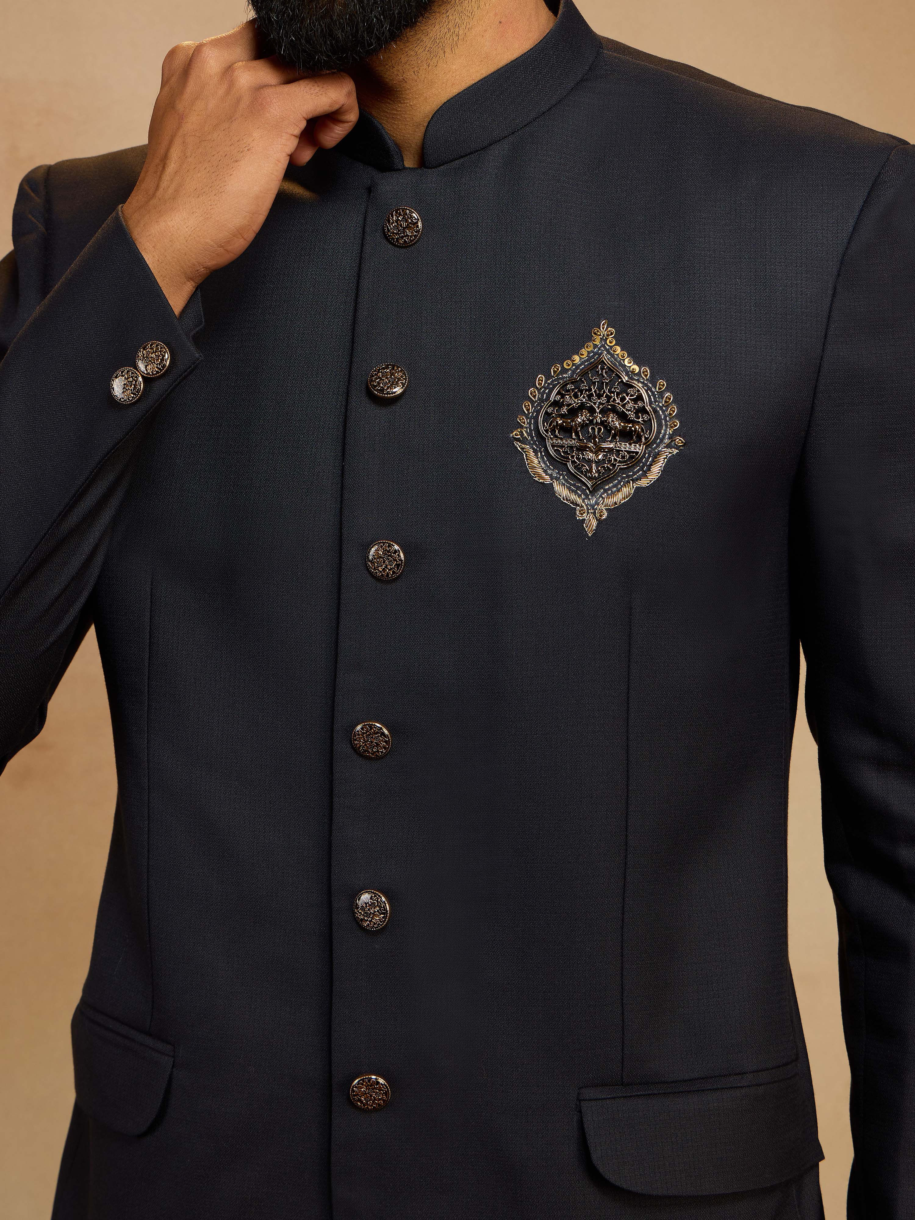 Men's Navy Blue Zardozi Sequin Embroidered Imported Suiting Lycra Jodhpuri - Image 2
