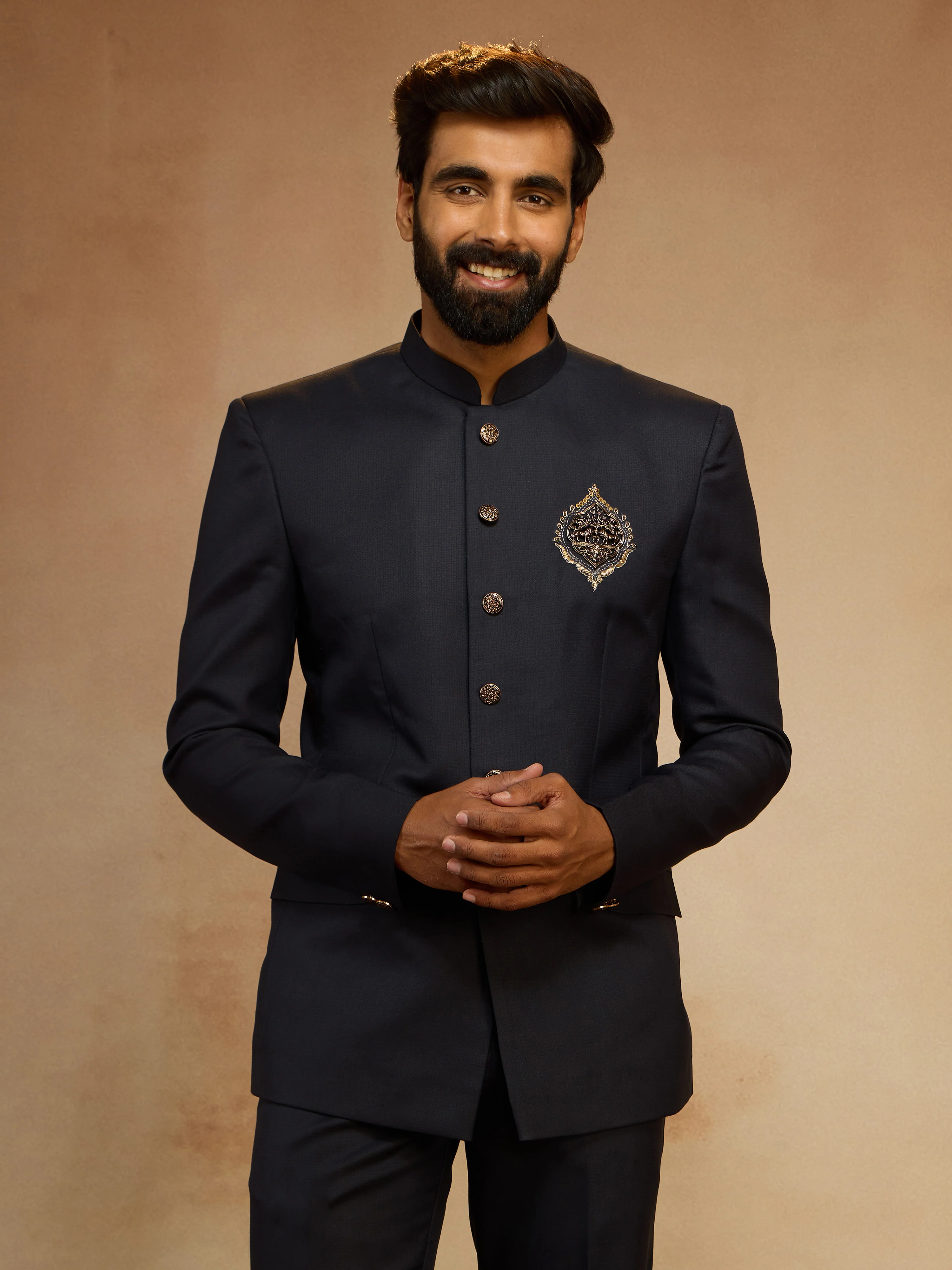 Men's Navy Blue Zardozi Sequin Embroidered Imported Suiting Lycra Jodhpuri - Image 3